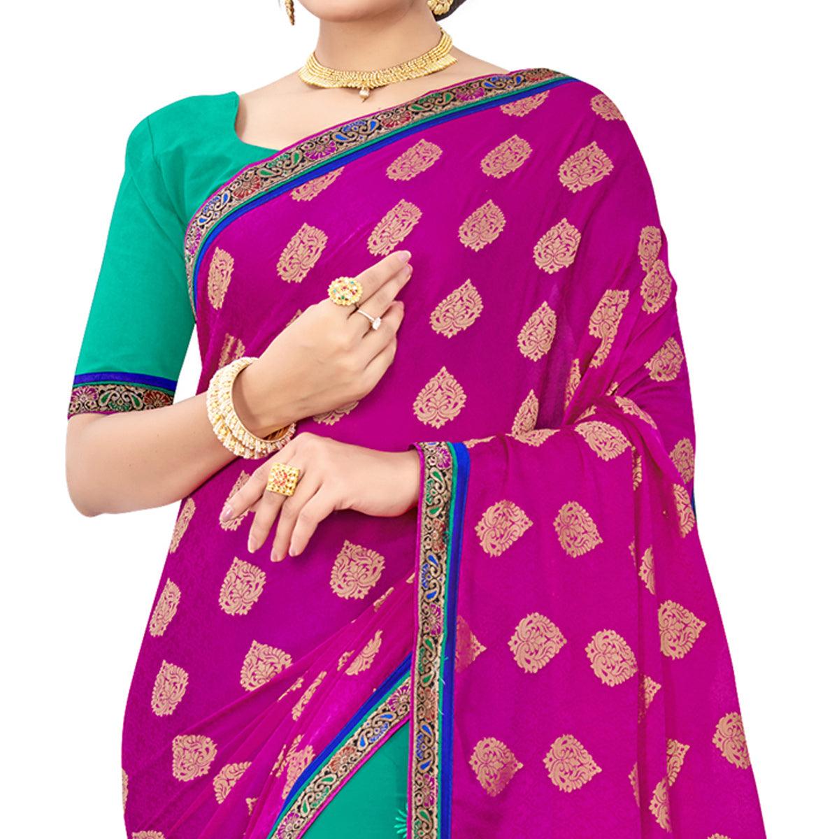 Peachmode Captivating Pink-Turquoise Colored party Wear Embroidered Georgette Half-Half Saree - view 2