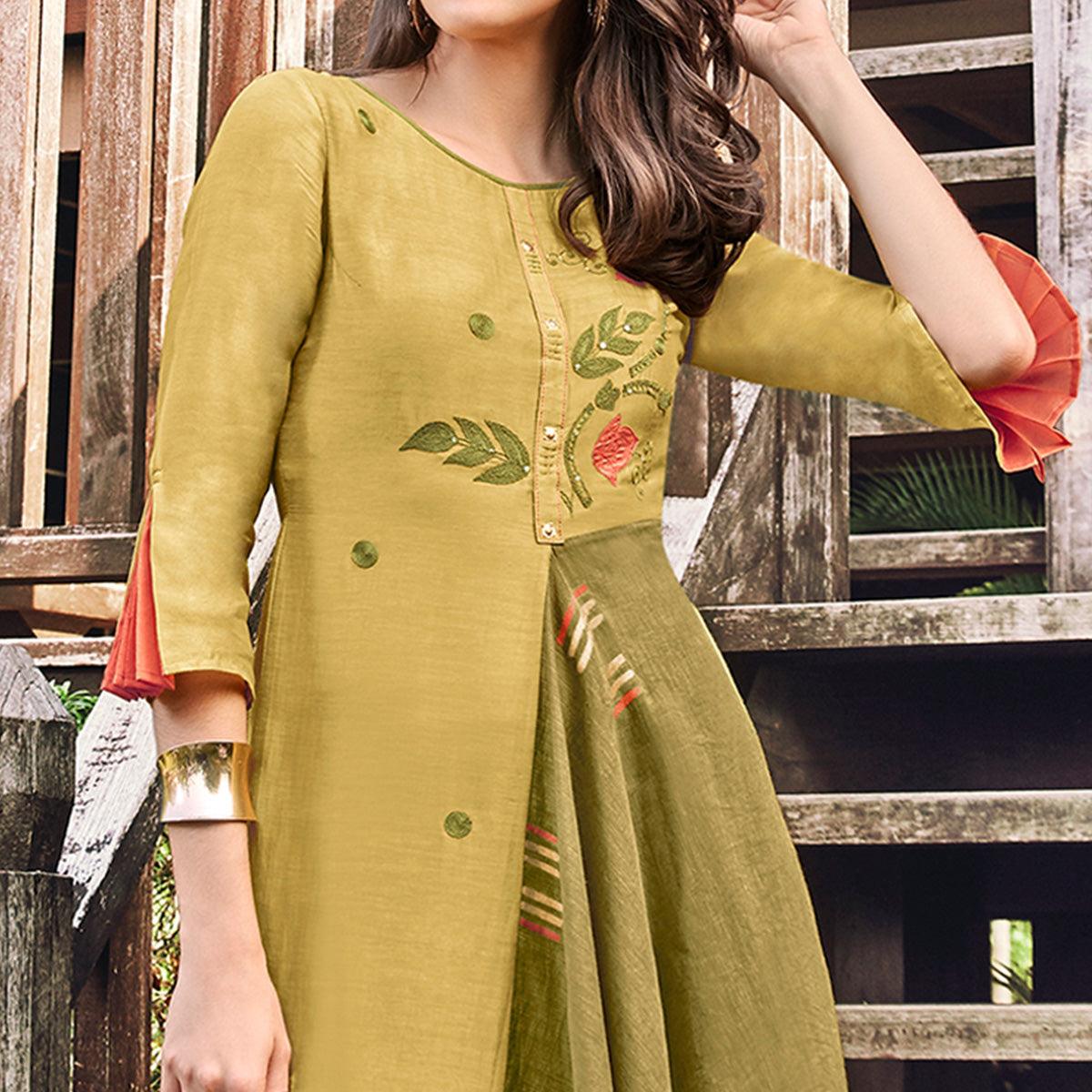 Peachmode Jazzy Mehndi Green Colored Party Wear Printed Modal-Jacquard Long Kurti - view 2