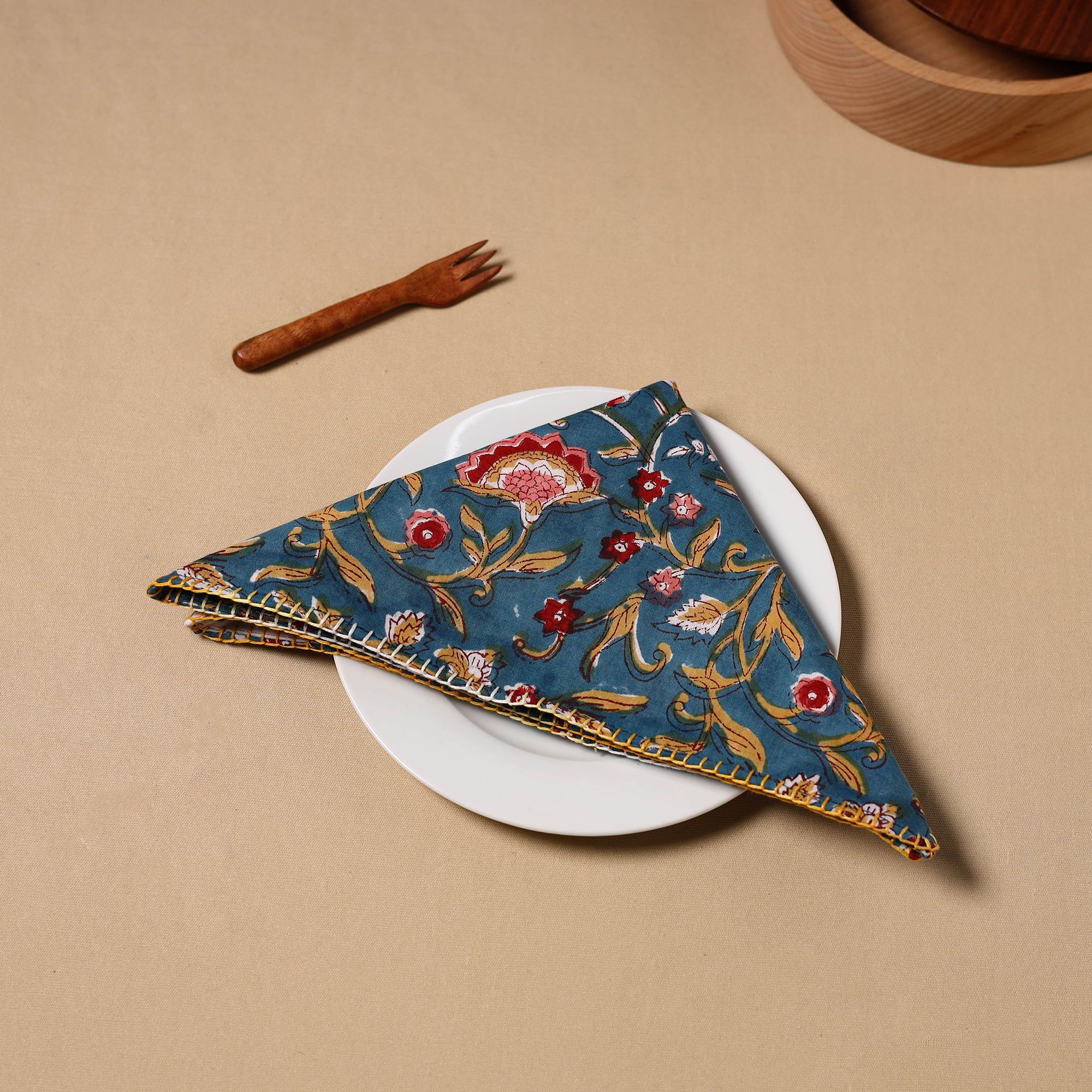 NOORI BAZAR Blue - Floral Sanganeri Block Print Cotton Table Napkin 10