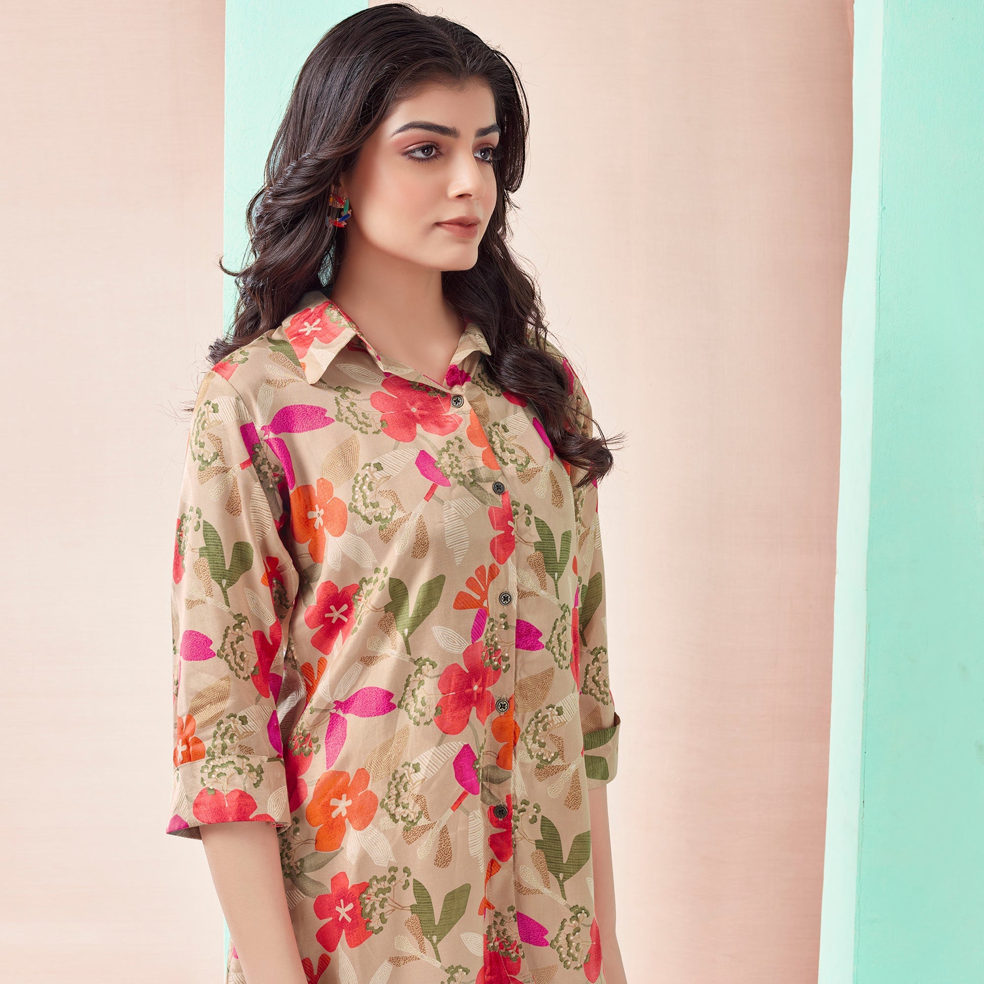Peachmode Chikoo Floral Foil Printed Muslin Top - view 5