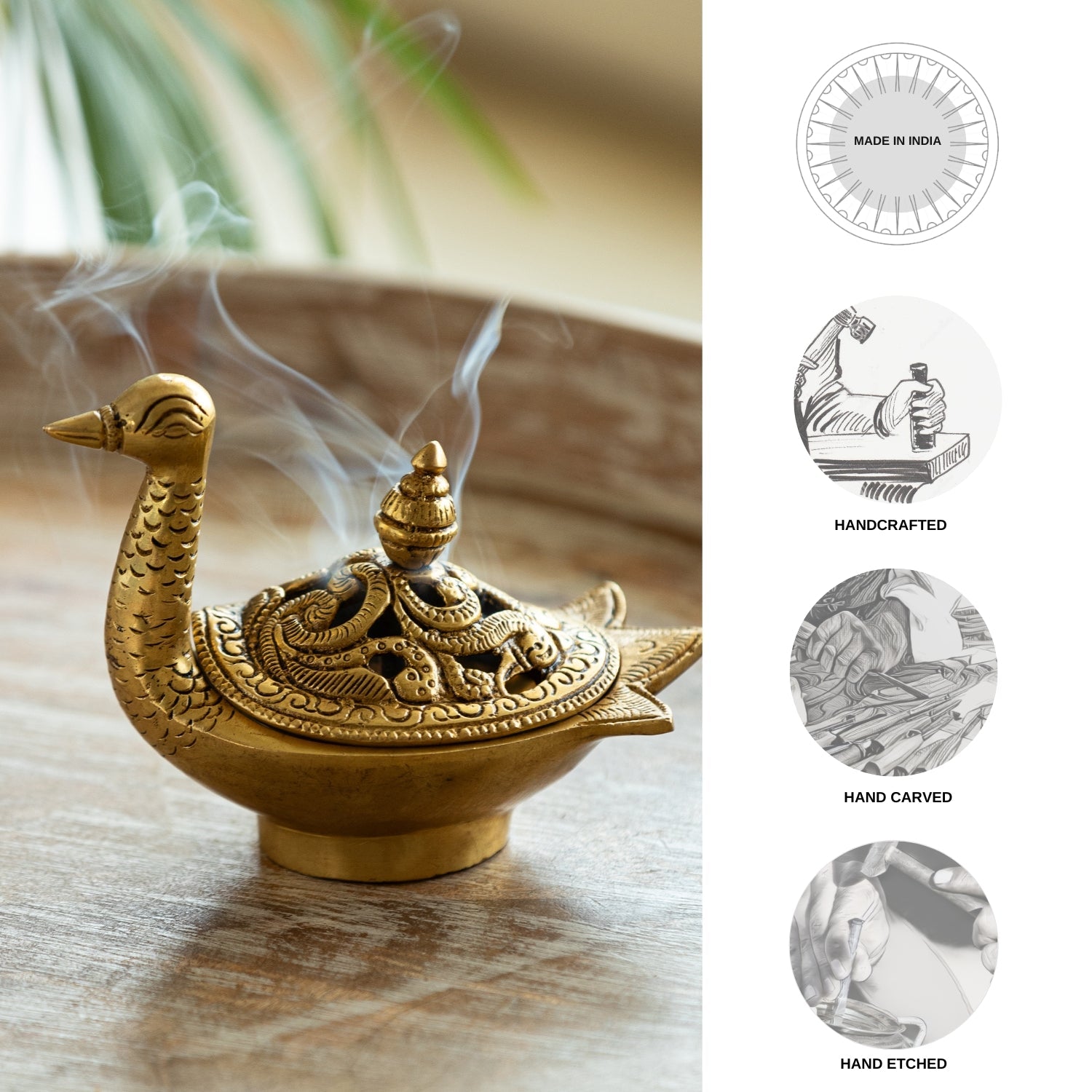 EXCLUSIVELANE 'Swan' Dhoop Dani Handcarved Brass Incense Burner (Hand-Etched, 4.3 Inches, 0.6 Kg) - view 6