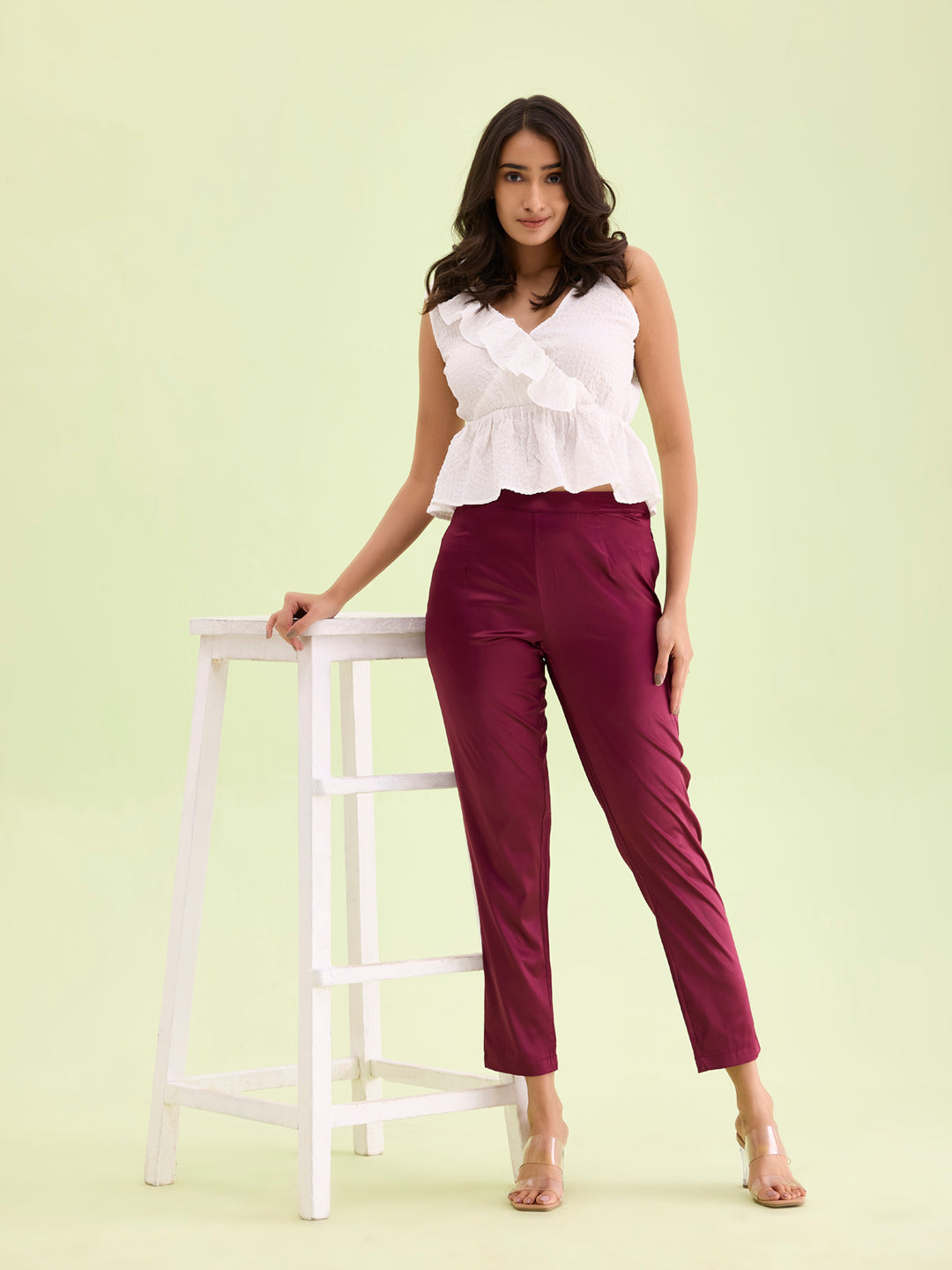 Go Colors Women Solid Mid Rise Dark Wine Shiny Pants - view 4