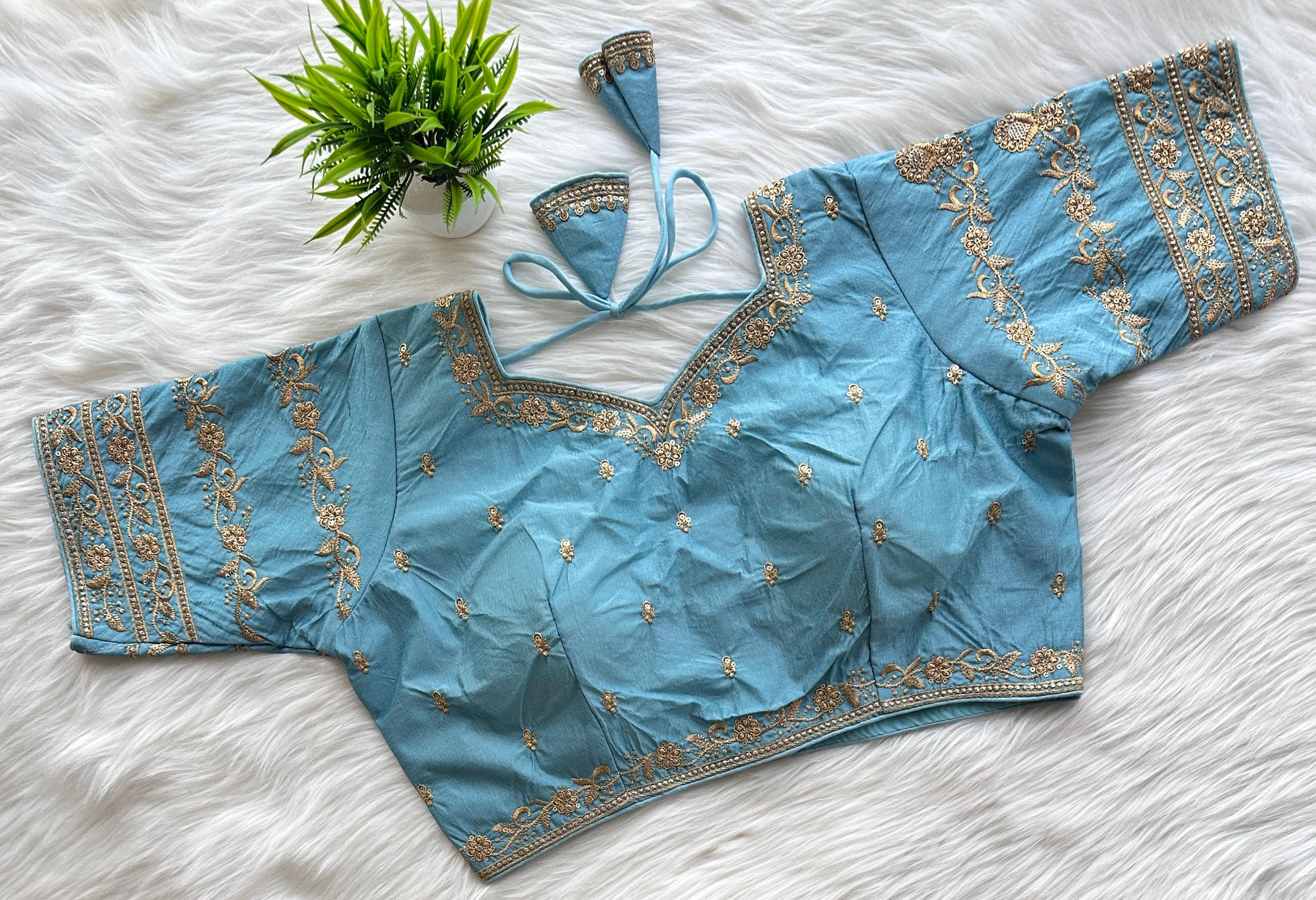 ClothsVilla Light Sky Blue Rajbhog Silk Embroidered Blouse with Handcrafted Detailing