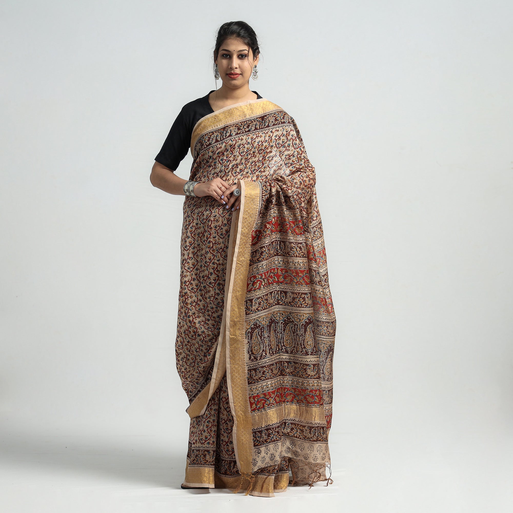 VENKATA BHANU KALAMKARI PEDANA Brown - Original Pedana Kalamkari Block Print Silk Saree