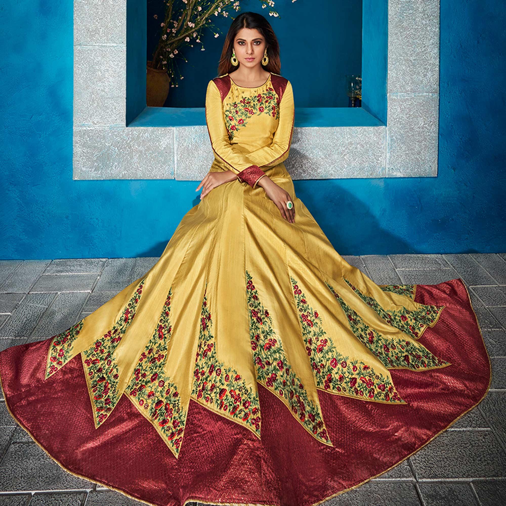 Peachmode Seller Groovy Yellow Colored Party Wear Floral Embroidered Satin Silk Anarkali Suit - view 2