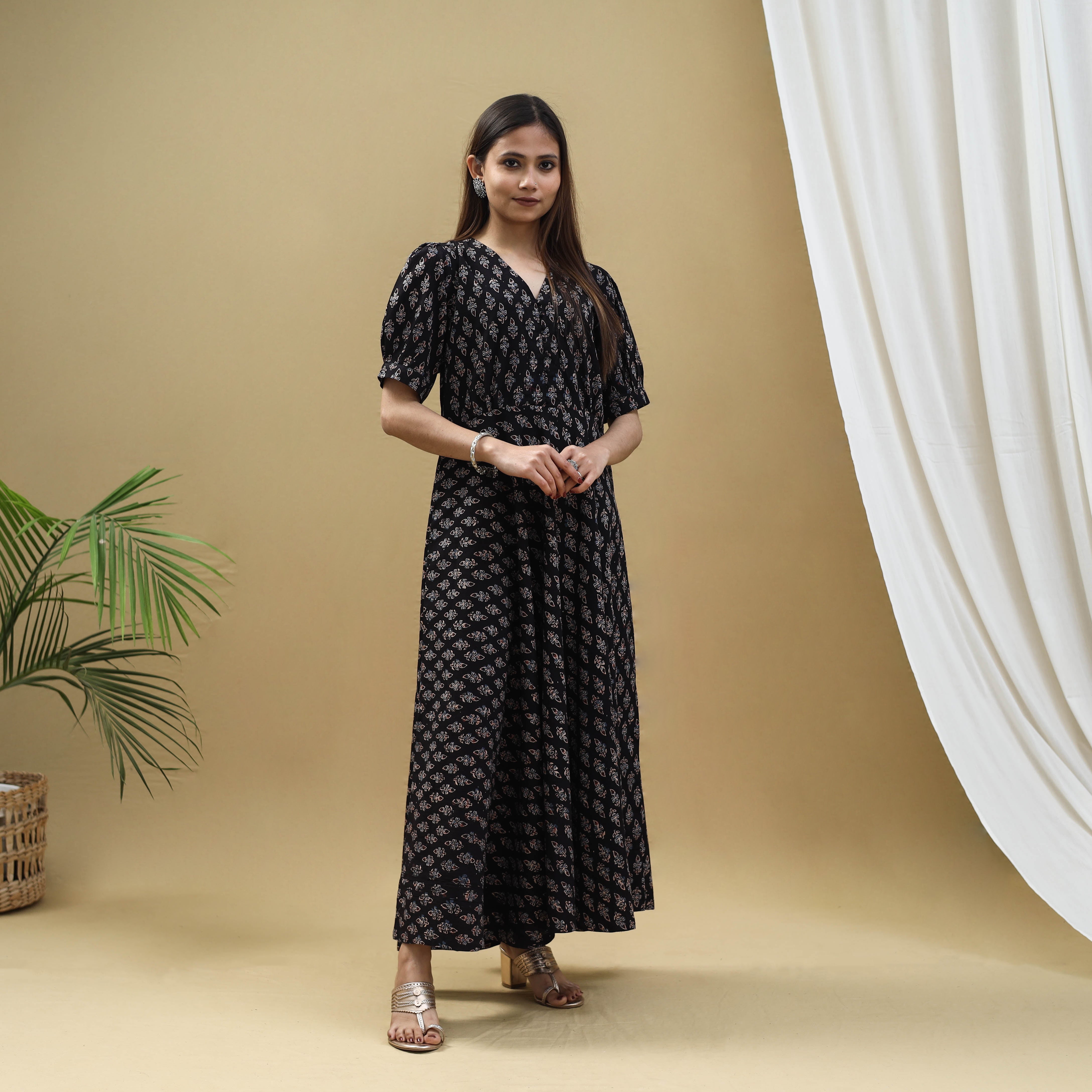 ITOKRI CASUALS Black - Block Print Cotton Flared Ajrakh Dress 05