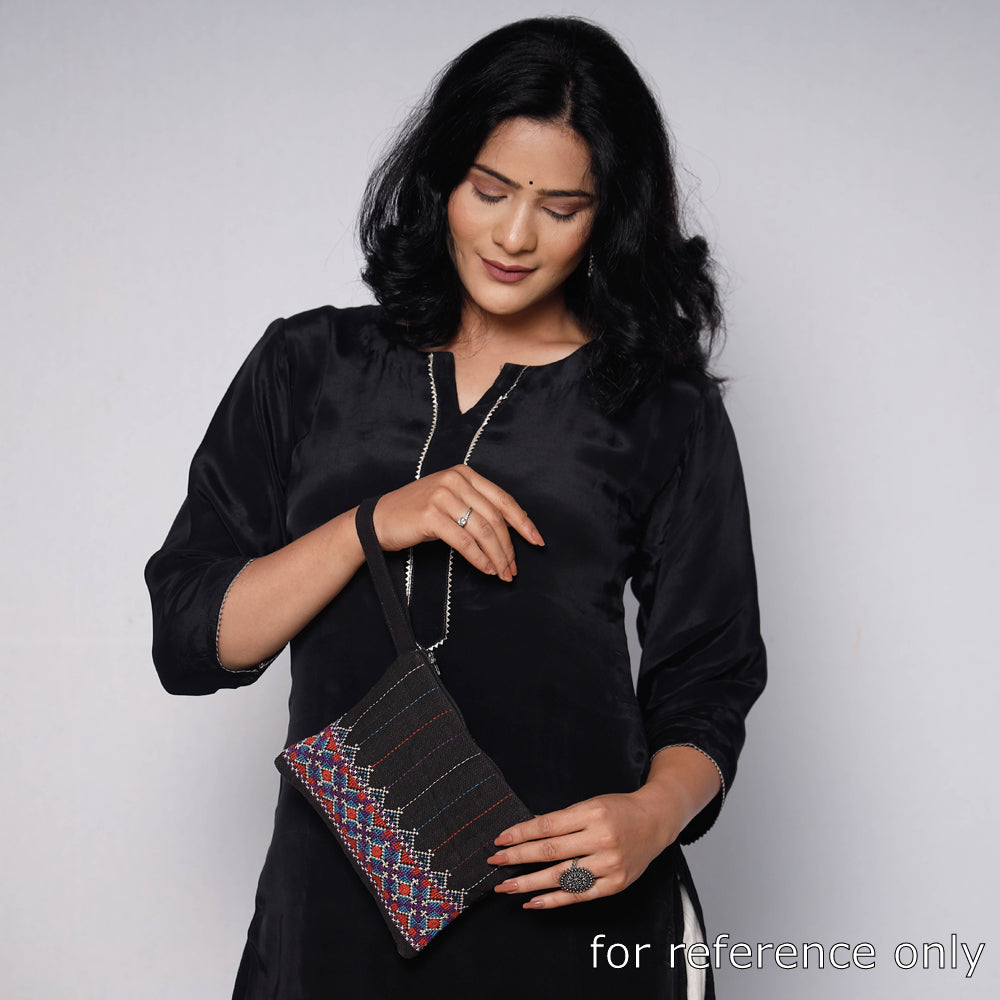 Black - Kala Raksha Jat Hand Embroidered Cotton Coin Pouch - view 2