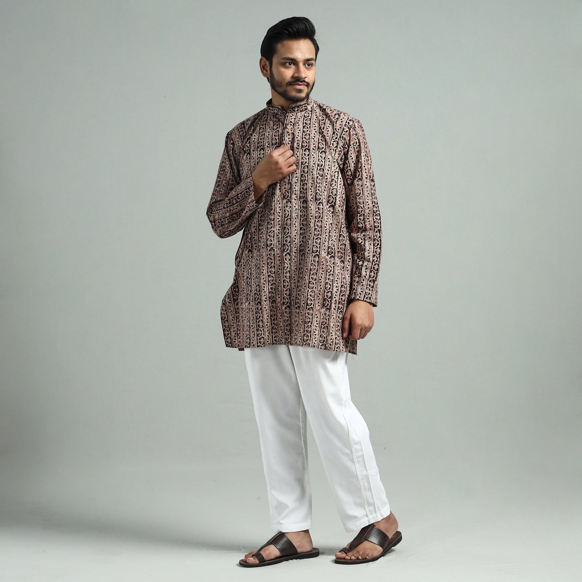 ITOKRI CASUALS Brown - Kalamkari Block Printed Cotton Men Short Kurta