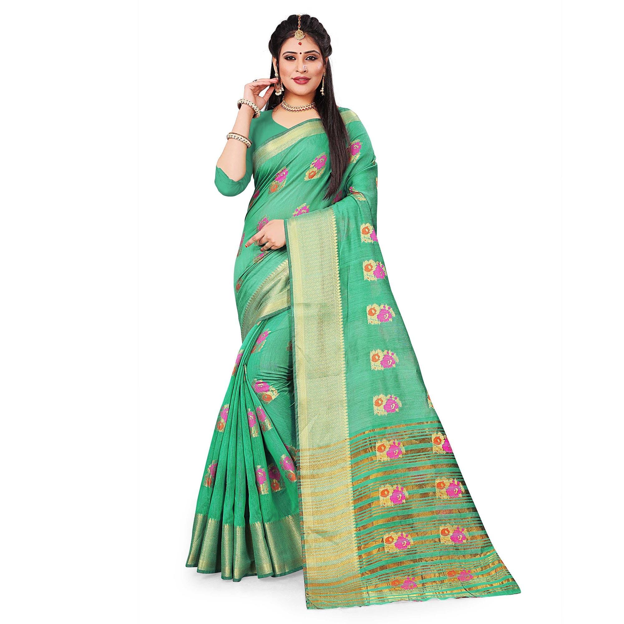 Peachmode Delightful Green Colored Festive Wear Woven Cotton Silk Saree
