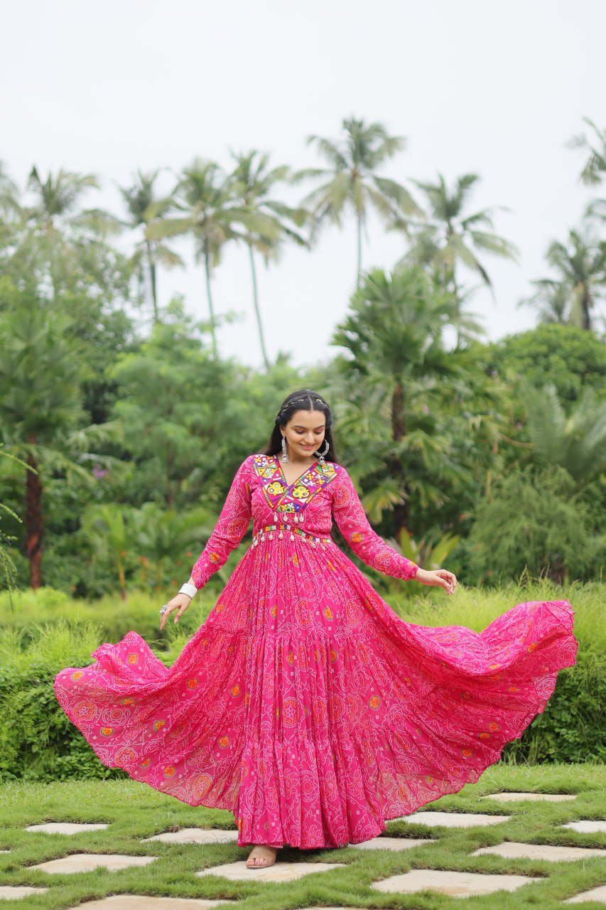 ClothsVilla Magenta Elegant Bandhani Print Gown with Kutchi Patchwork in Faux Georgette - view 2