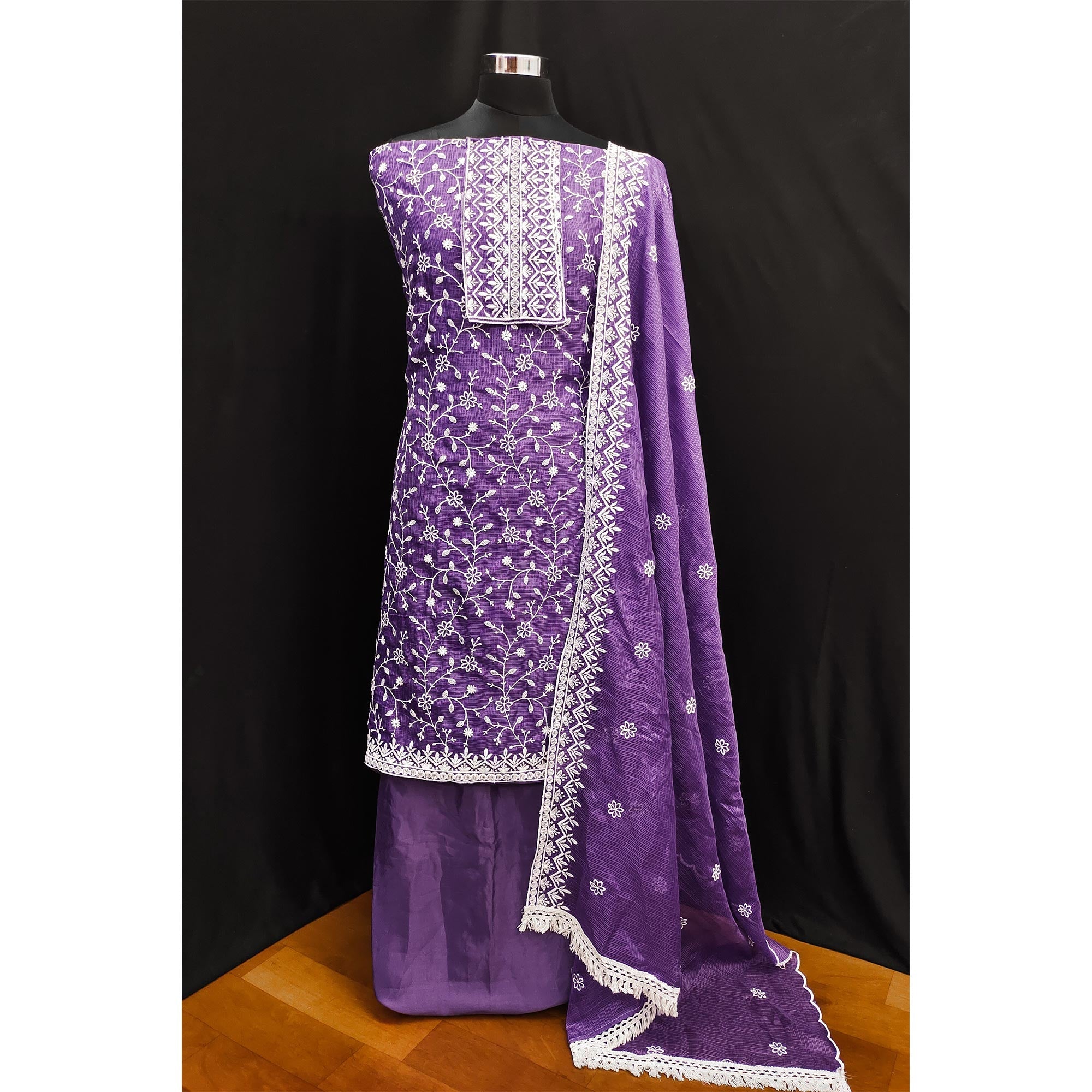 Peachmode Lavender Floral Embroidered Kota Doria Dress Material - view 3