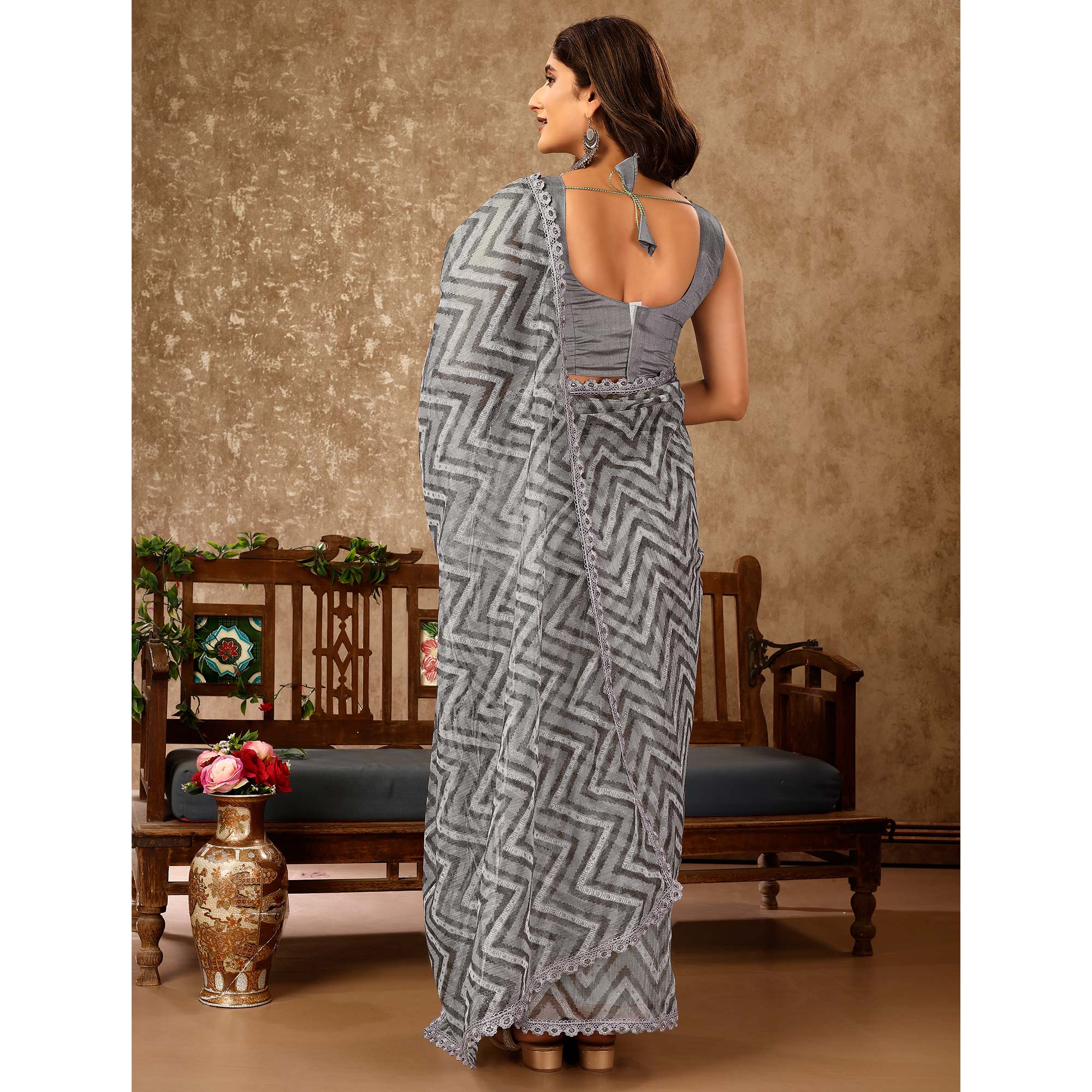 Peachmode Seller Grey Zig Zag Printed With Stone Work Organza Ready To Wear Saree - view 6