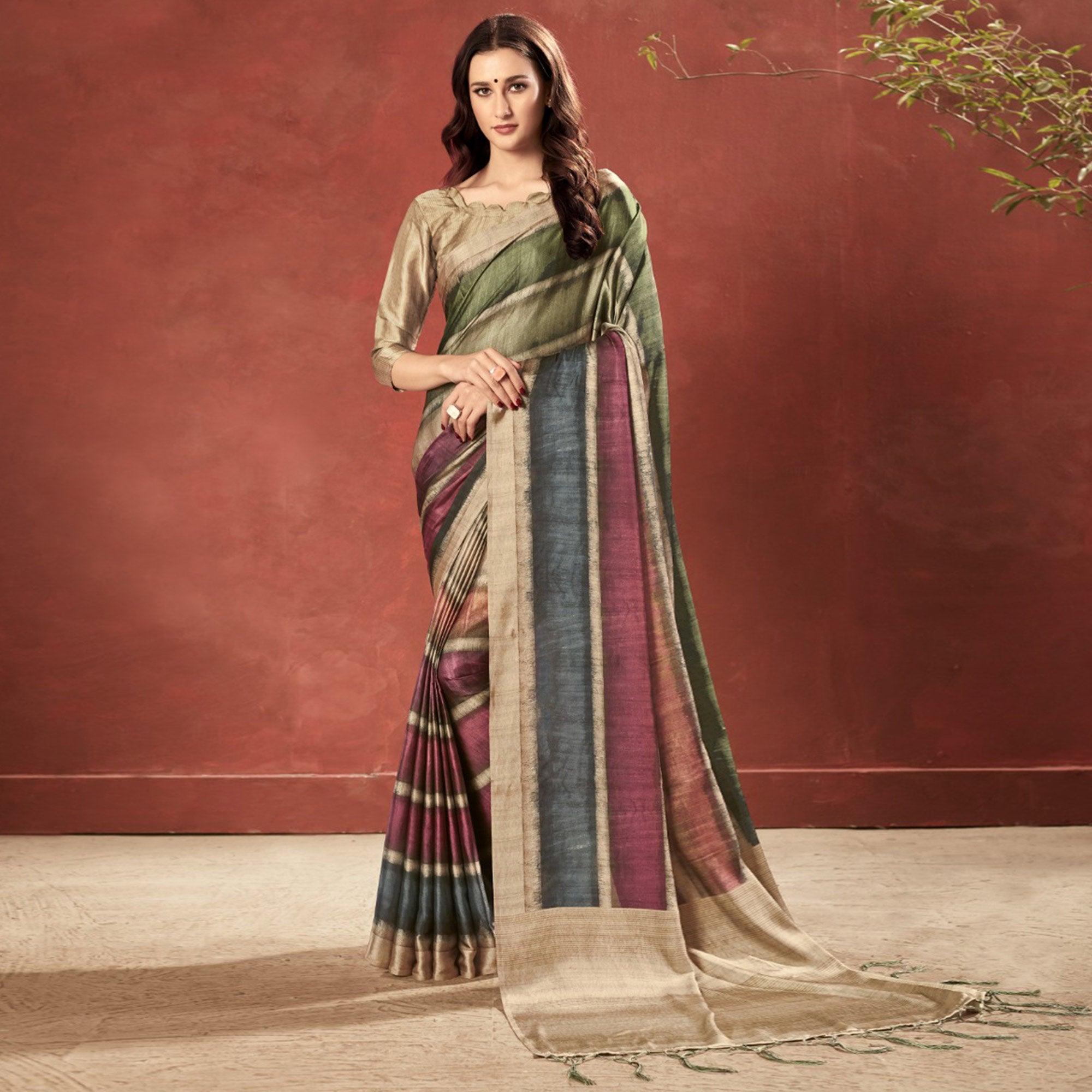 Peachmode Gleaming Multi Colored Casual Wear Printed Satin Crepe Saree With Tassels