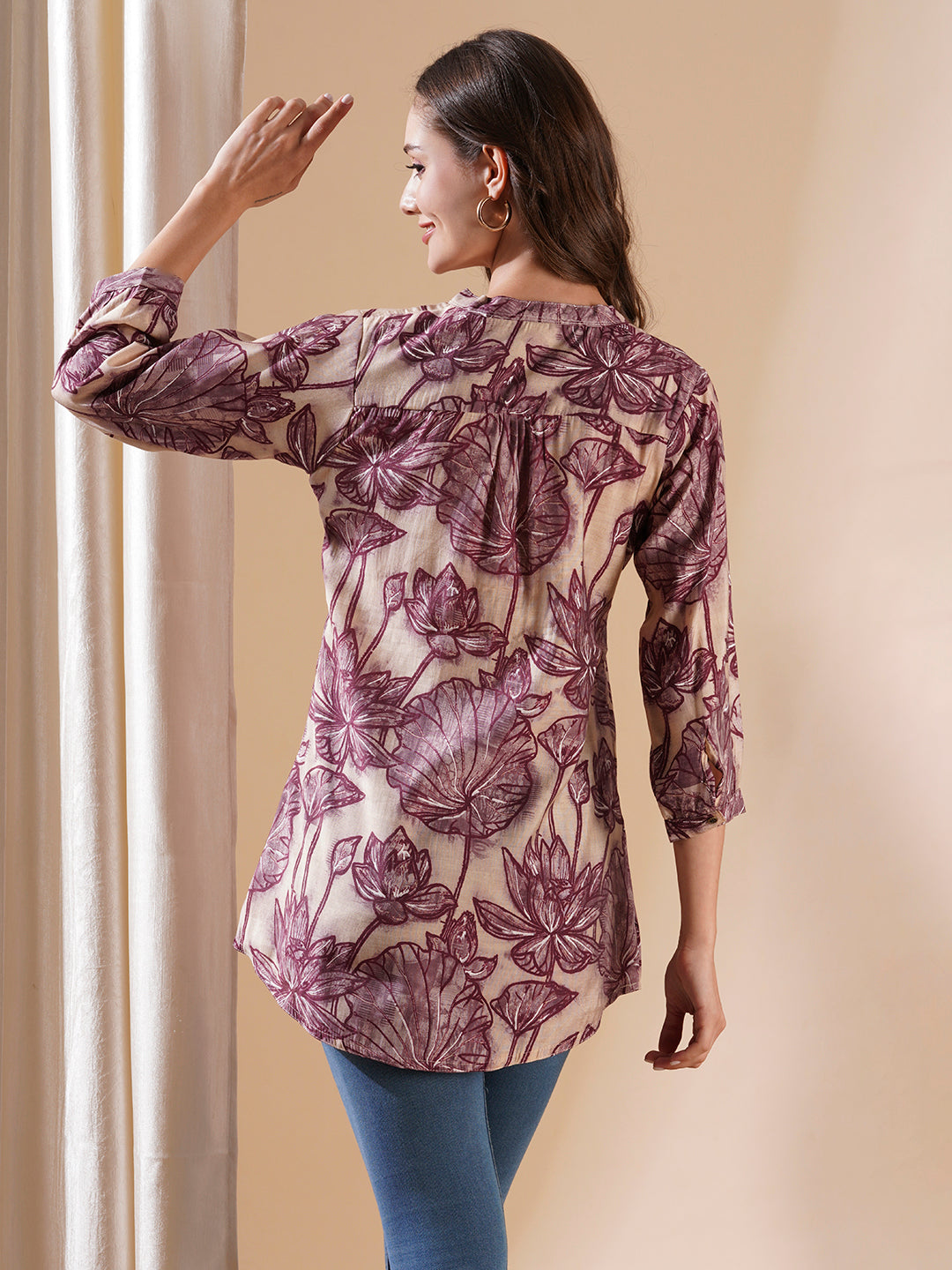 Fashor Floral Printed Buttoned A-line Short Kurti - Cream & Burgundy - view 6