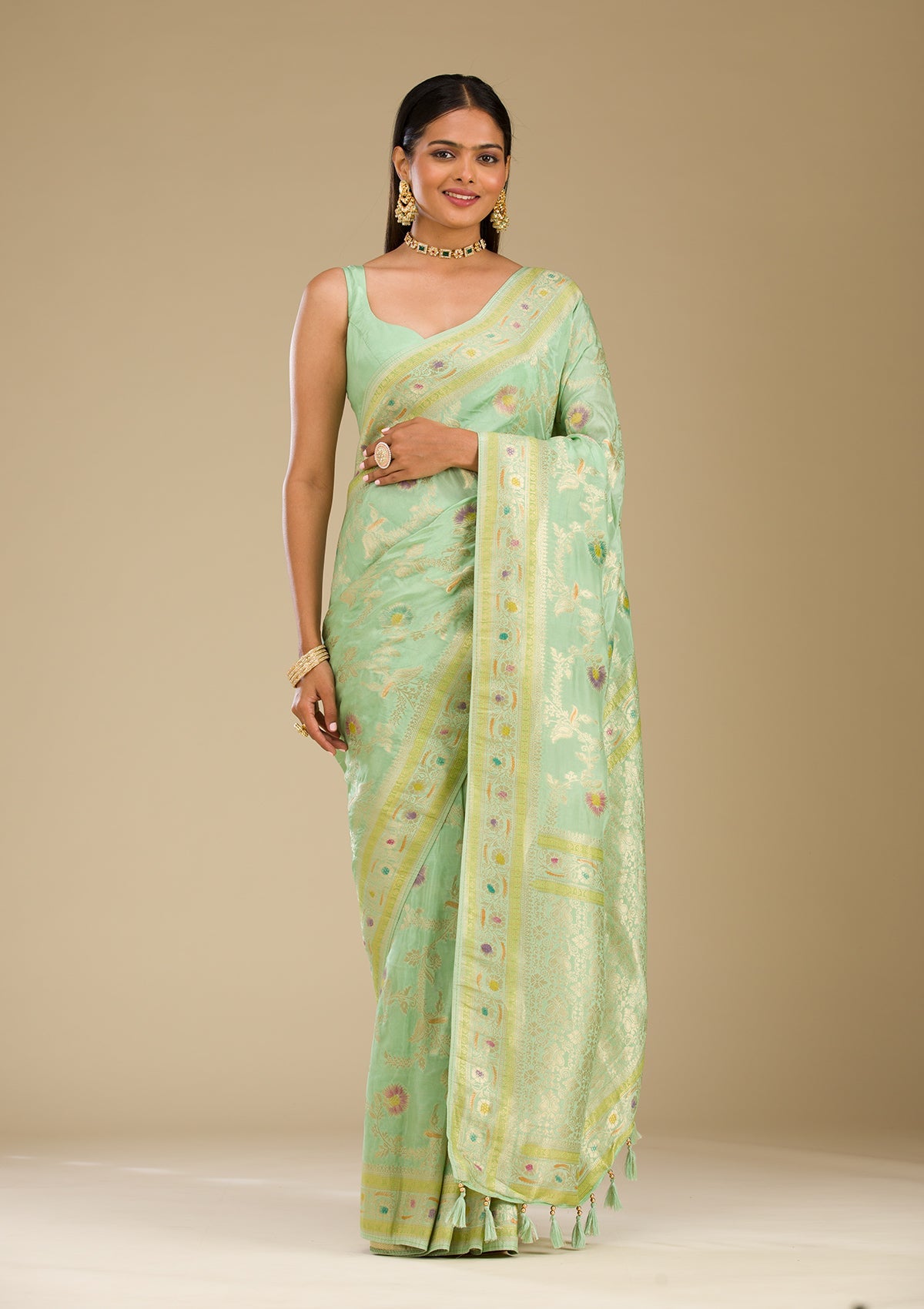 Koskii Pista Green Zariwork Banarasi Silk Saree - view 4