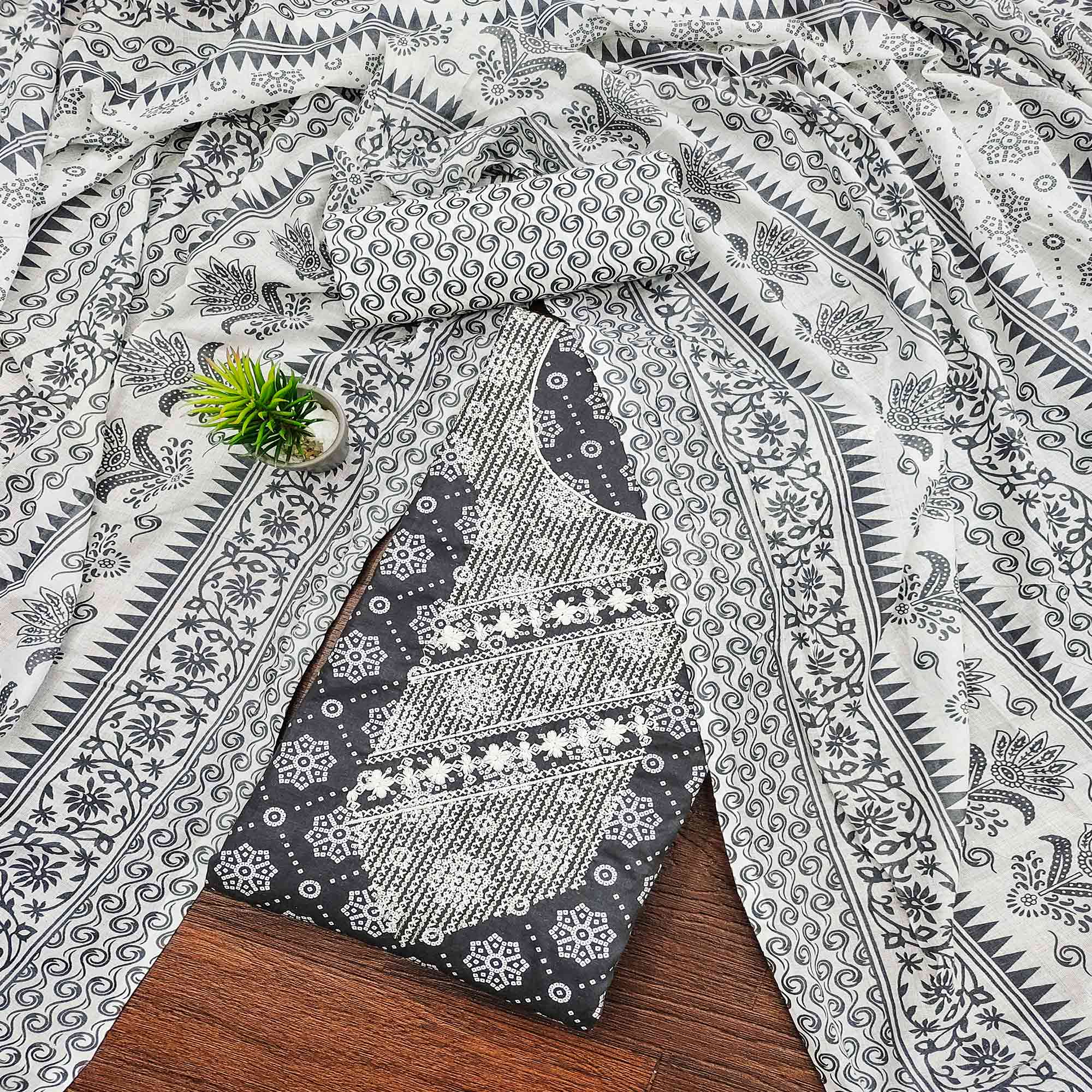 Peachmode Grey Printed With Embroidered Pure Cotton Dress Material
