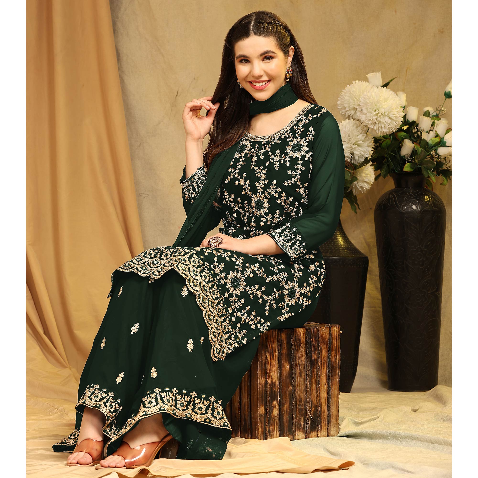 Peachmode Bottle Green Floral Embroidered Georgette Semi Stitched Suit - view 4