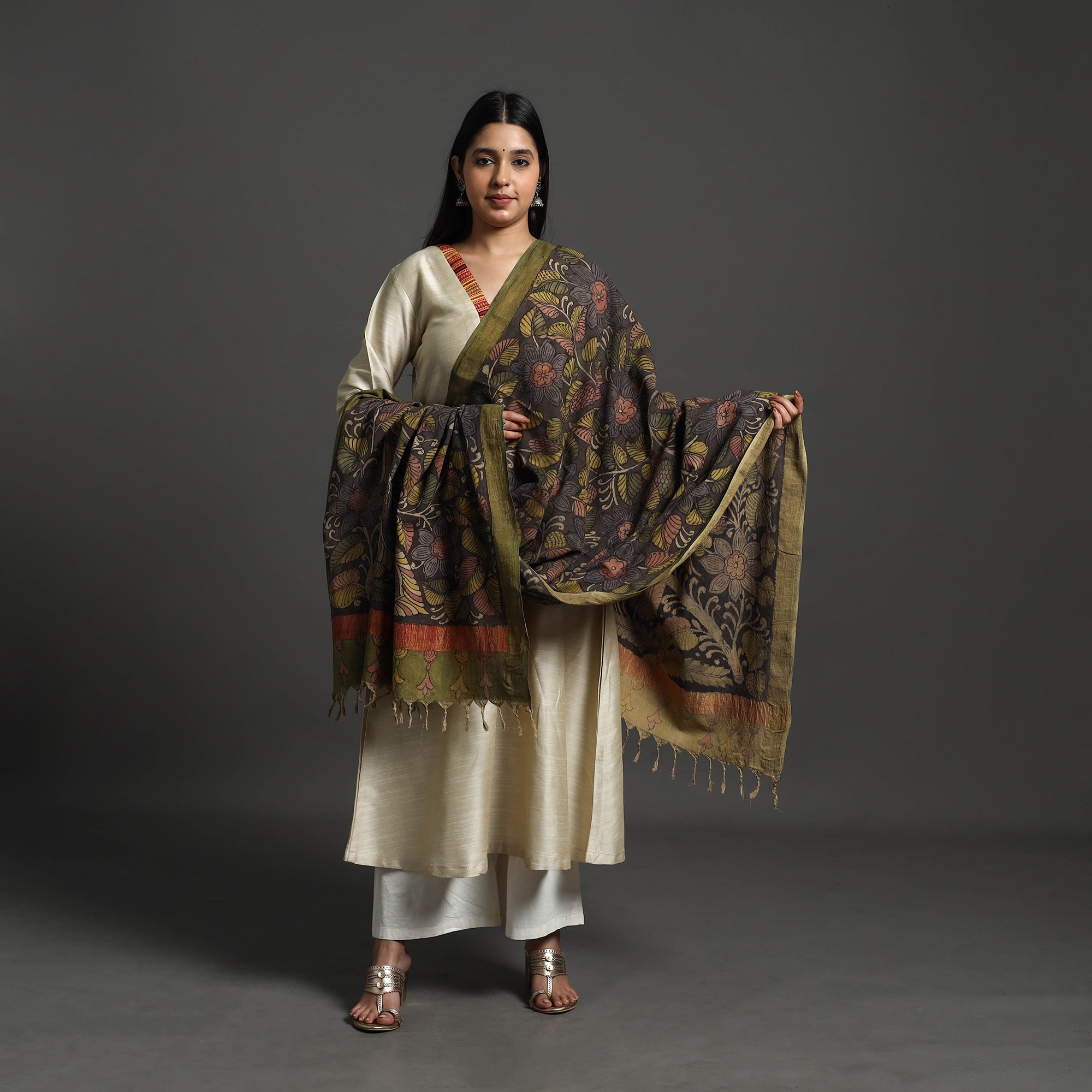 SOUTH KARGHA Black - Mangalagiri Cotton Handpainted Pen Work Kalamkari Dupatta 32