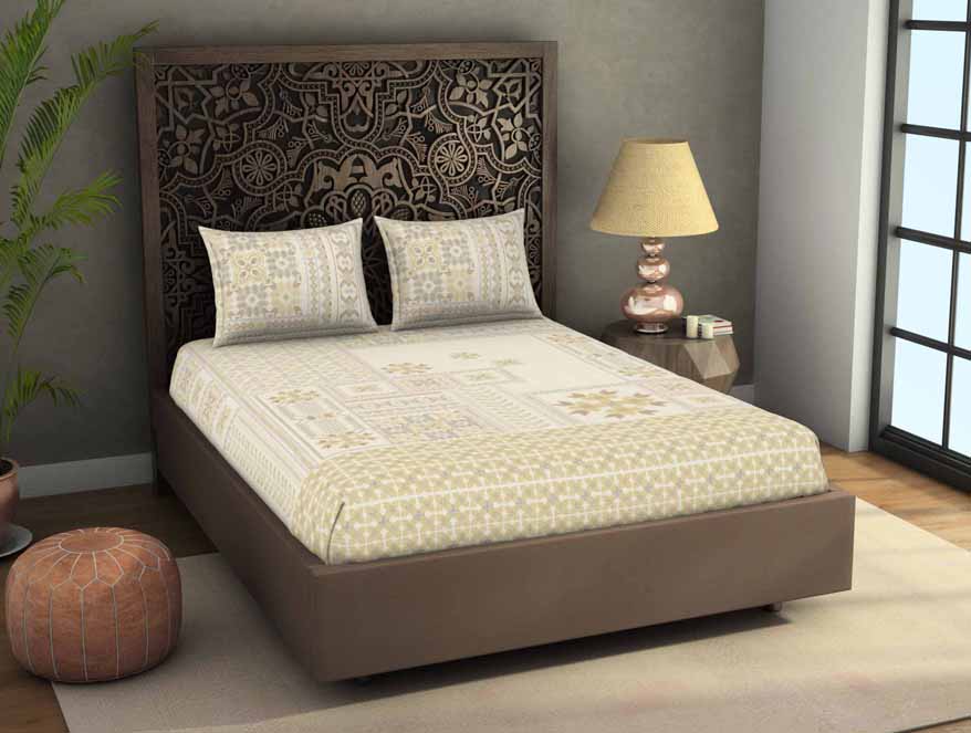 Spaces India Geometric Beige 100% Cotton King Size Bedsheet Rangana Digital - By Spaces - view 3