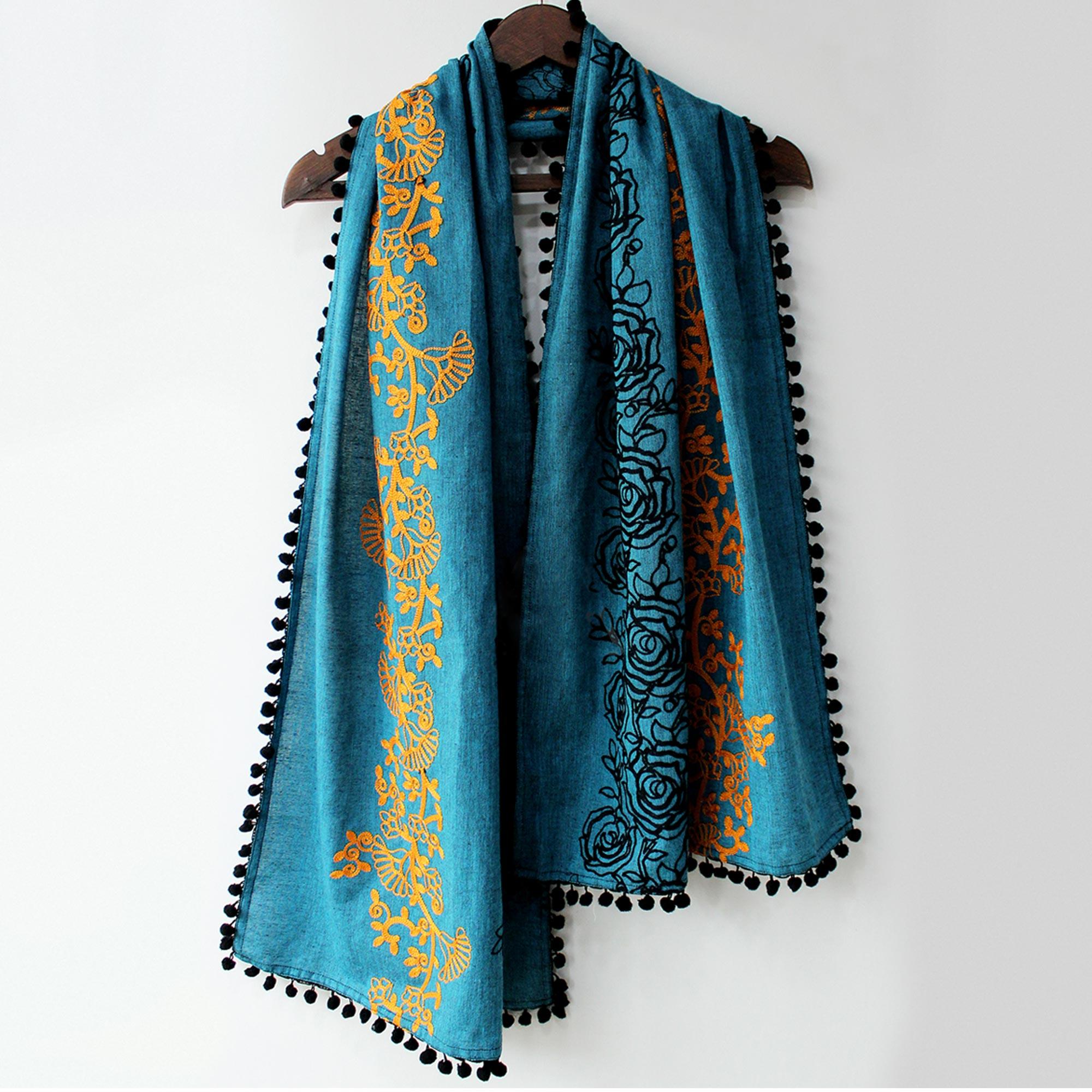 Peachmode Seller Lovely Blue Colored Embroidered Linen Stole