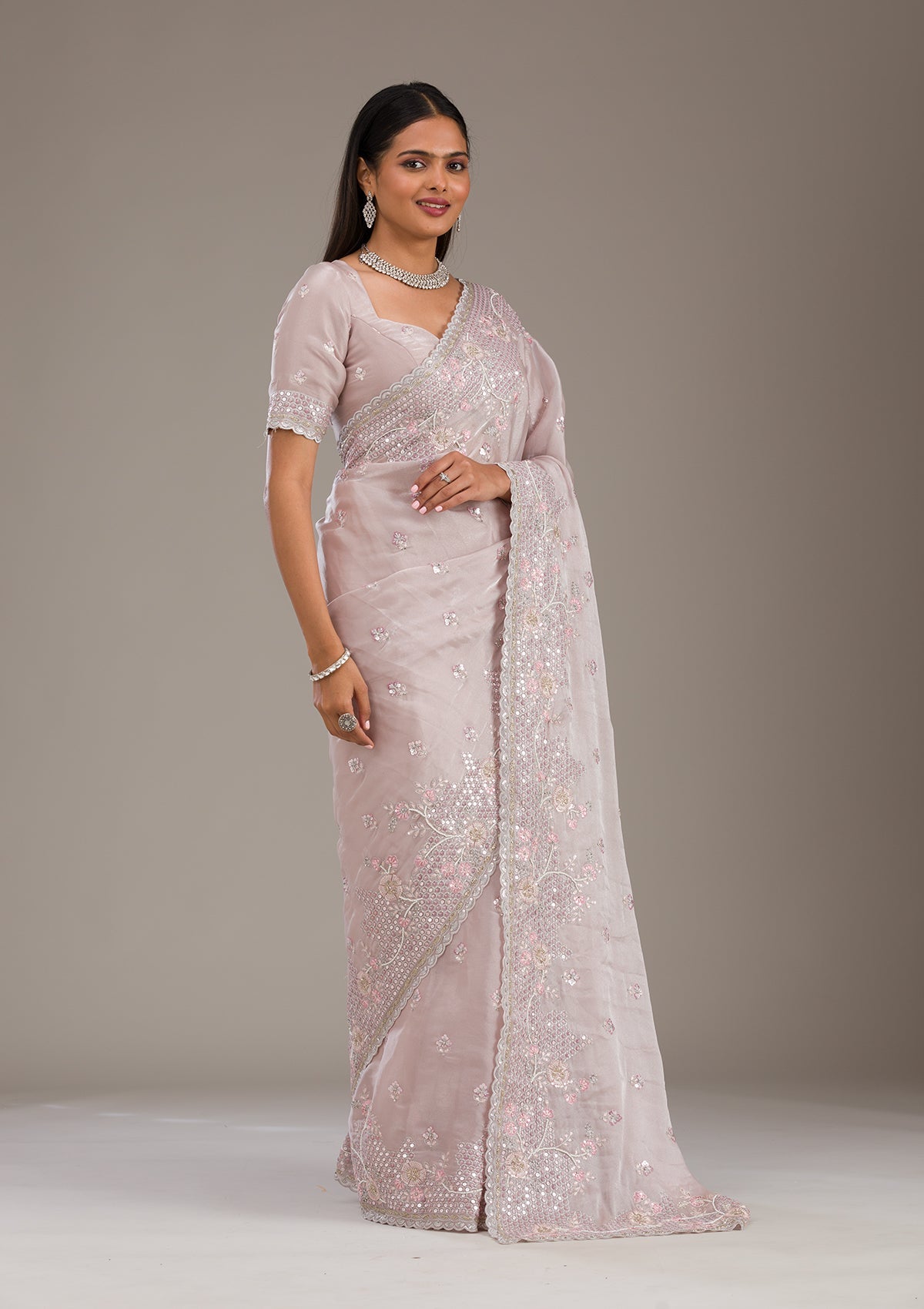 Koskii Light Grey Sequins Tissue Saree – Women's - view 4