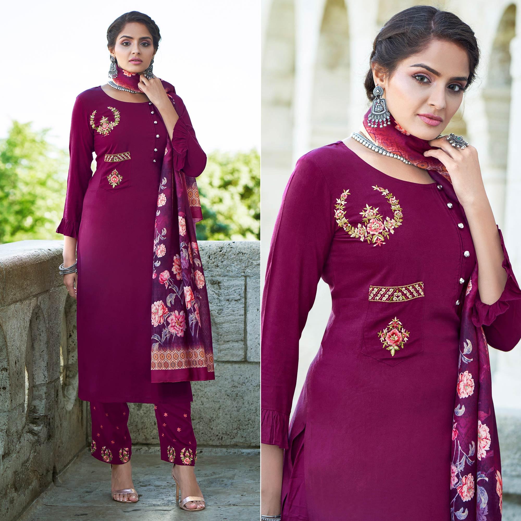 Peachmode Seller Magenta Pink Embroidered Rayon Kurti Pant Set With Dupatta