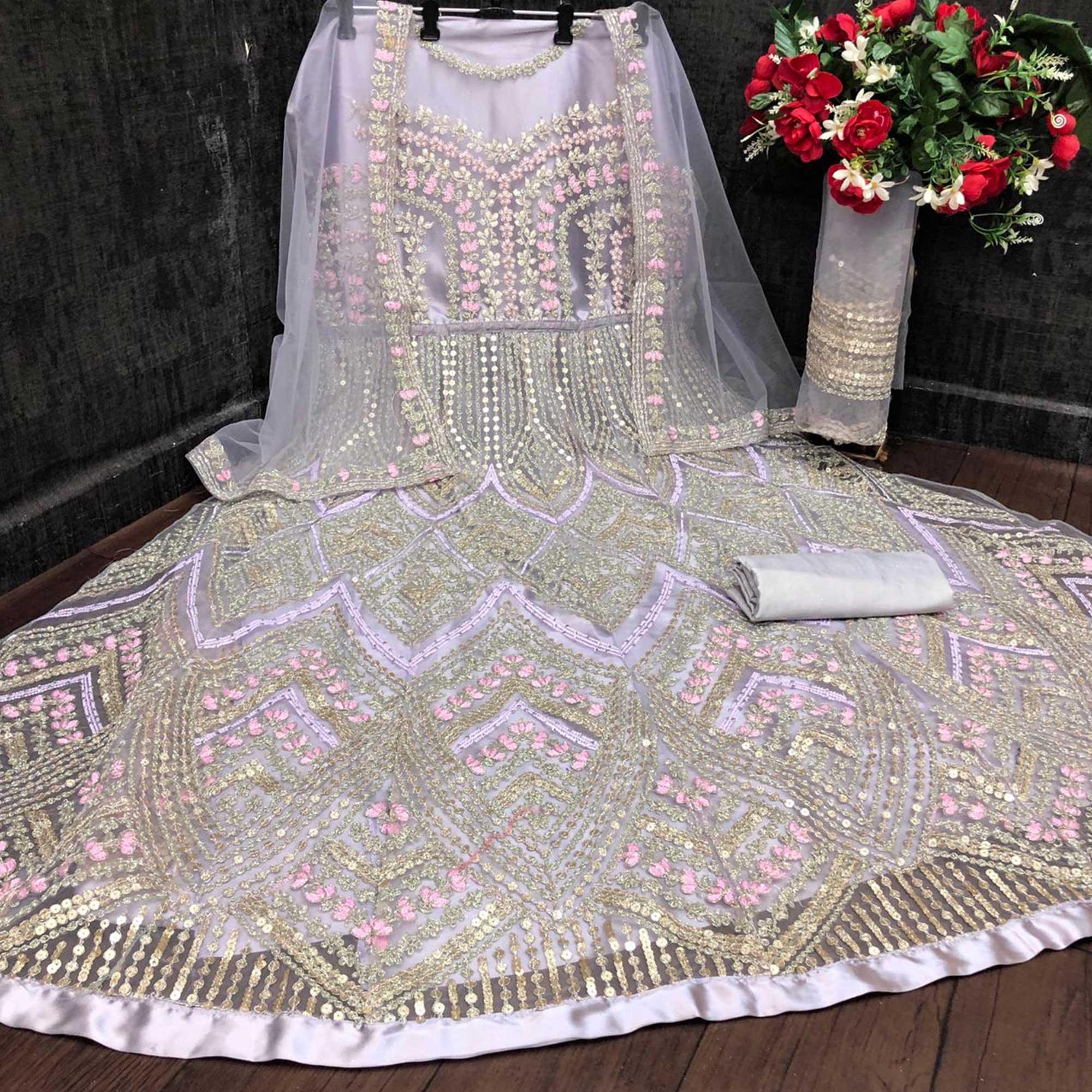 Peachmode Light Lavendar Designer Partywear Embroidered Heavy Net Anarakali Suit - view 3