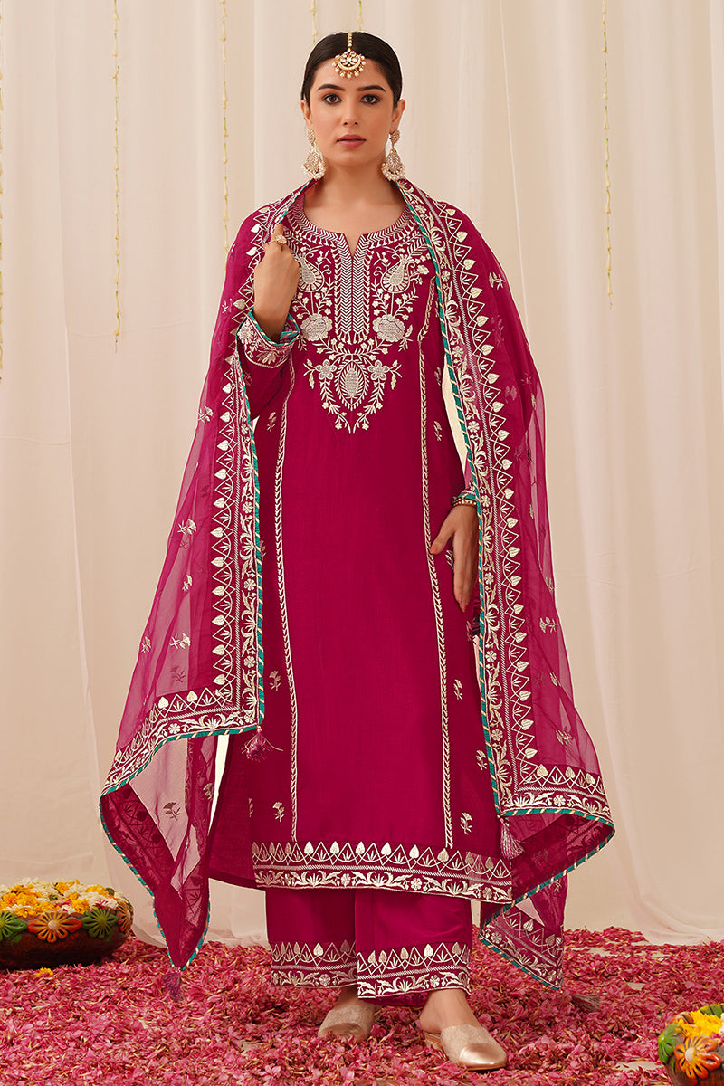 Ahika Pink Silk Blend Solid Yoke Design Straight Palazzo Suit Set PKSKD2490