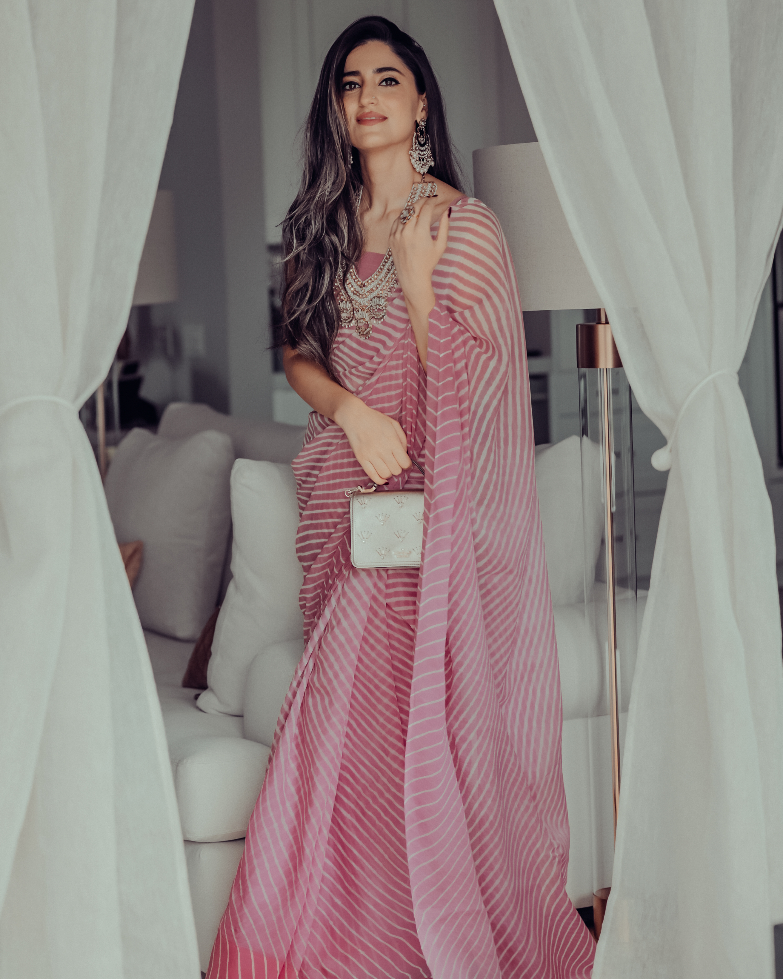 Aachho Sophia Dusty Pink Leheriya Pure Chiffon Saree