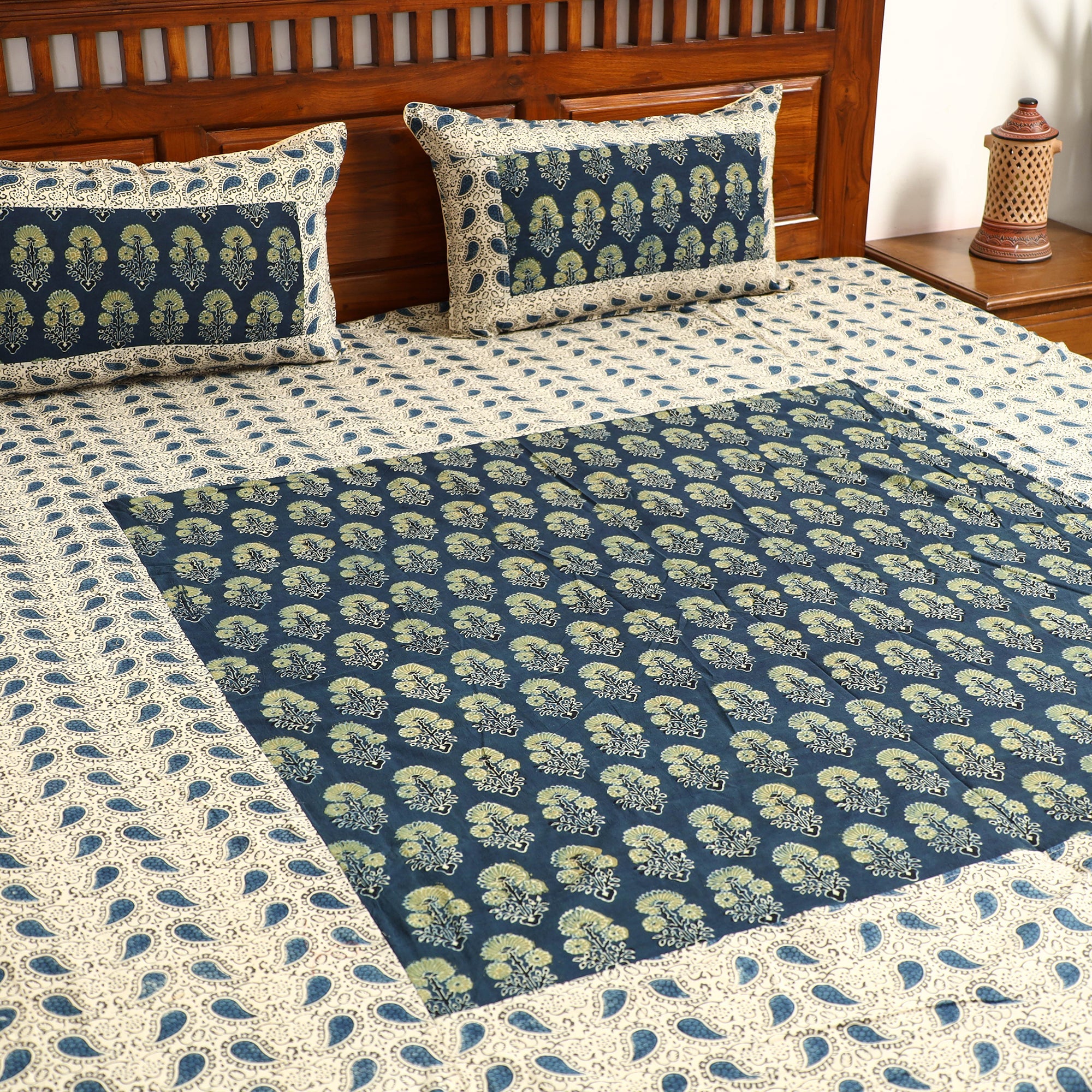 NOORI BAZAR Beige - Ajrakh Block Printed Patchwork Cotton Double Bed Cover with Pillow Covers (108 x 90 In) - view 3