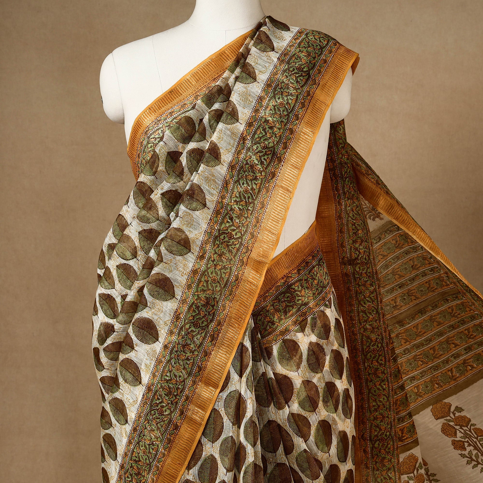 SANTOSH KUMAR DHANOPIA Brown - Block Printed Chanderi Silk Sanganeri Saree - view 2