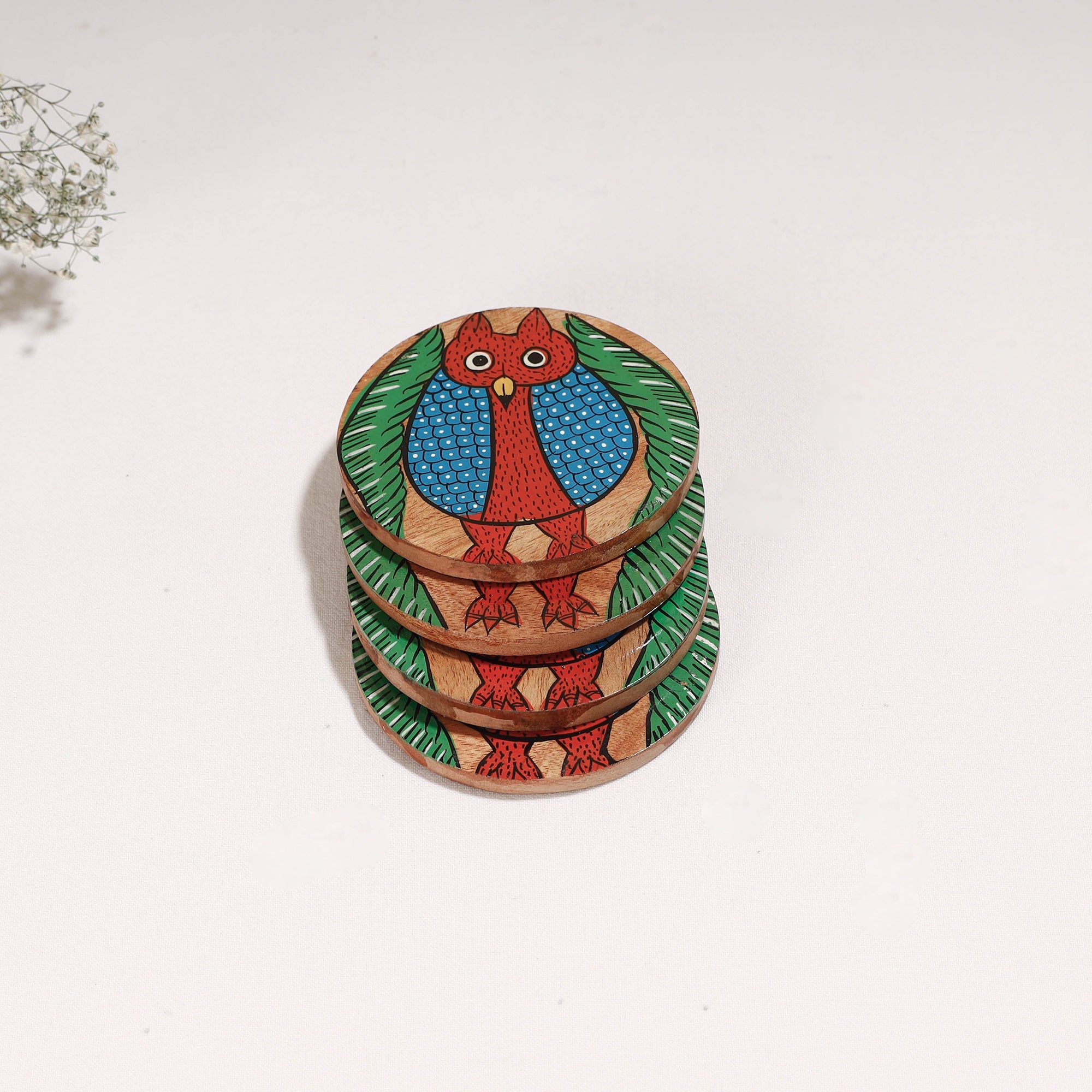 ITOKRI CRAFTS INITIATIVE Bengal Patua Handpainted Akashmoni Wooden Coasters (Set of 4) - view 2