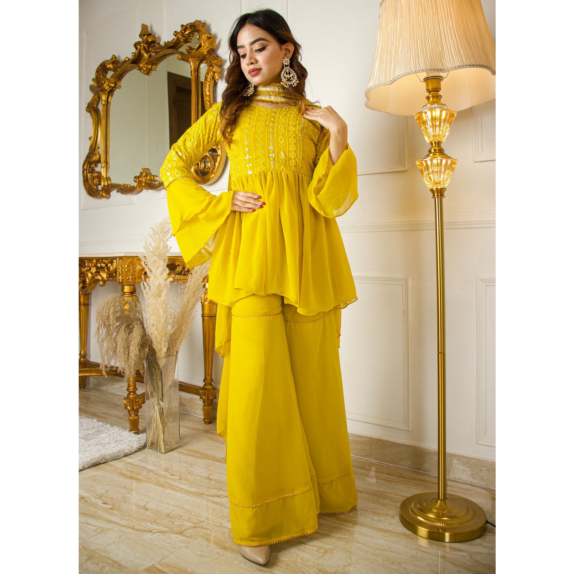 Peachmode Seller Lemon Yellow Sequins Embroidered Georgette Sharara Suit - view 7