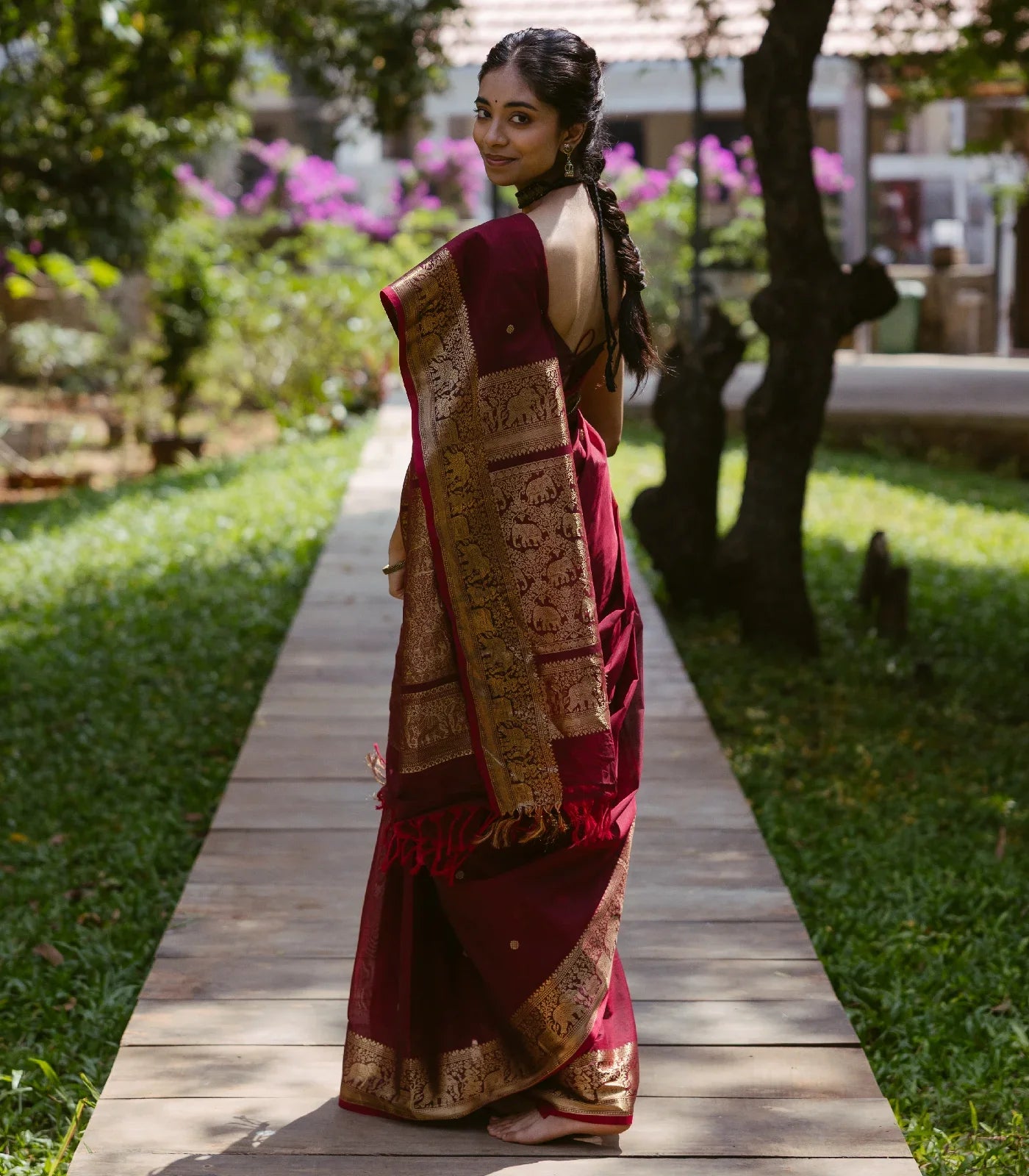RmKV Crimson Handloom Kanchi Cotton Saree With Elephants, House and Lady Motifs in Border