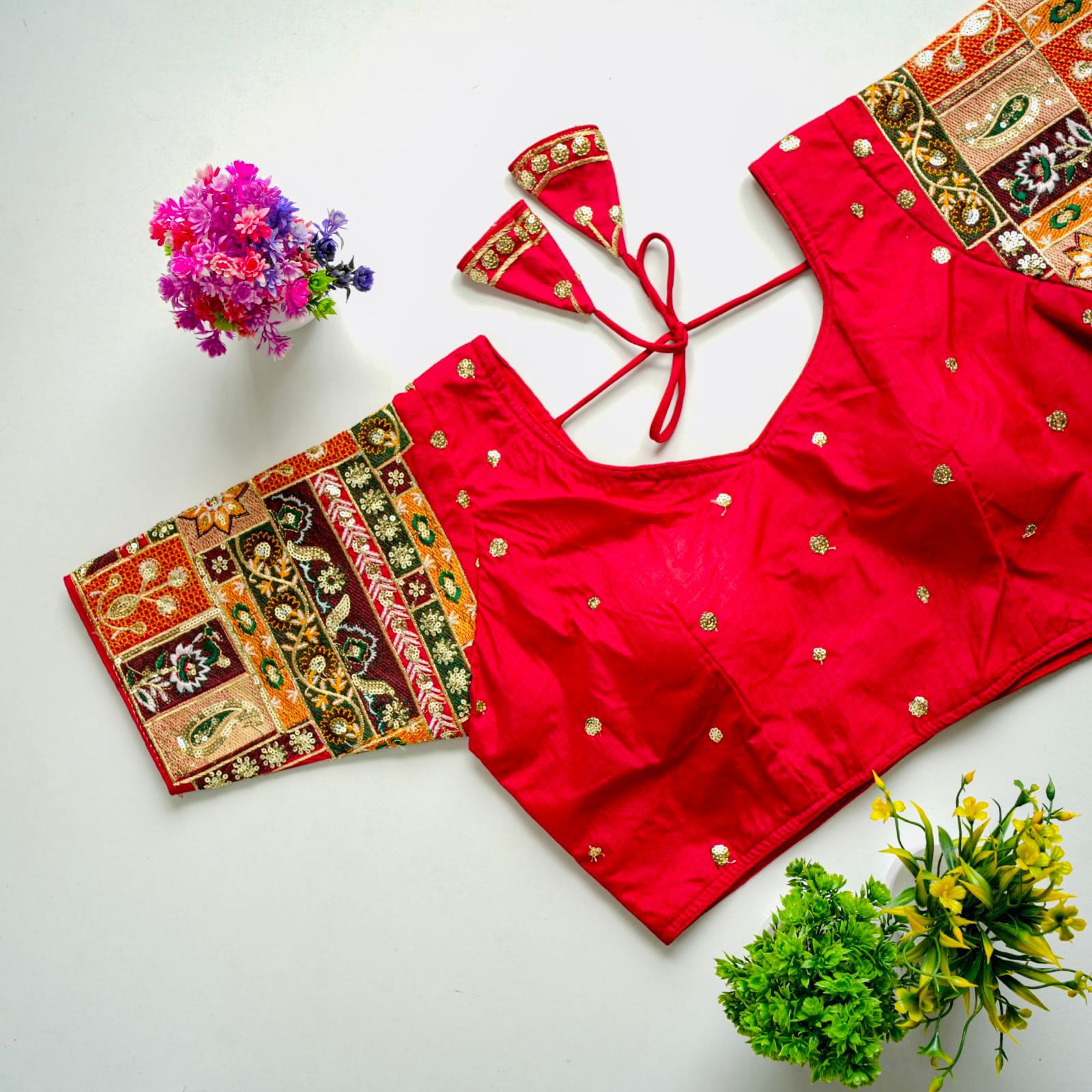 ClothsVilla Red Golden Embroidered Seoul Silk Blouse with Sequins - view 2