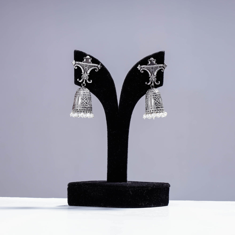 WHITE RIVER STORIES Antique Silver Finish Oxidised Brass Base Jhumki Earrings