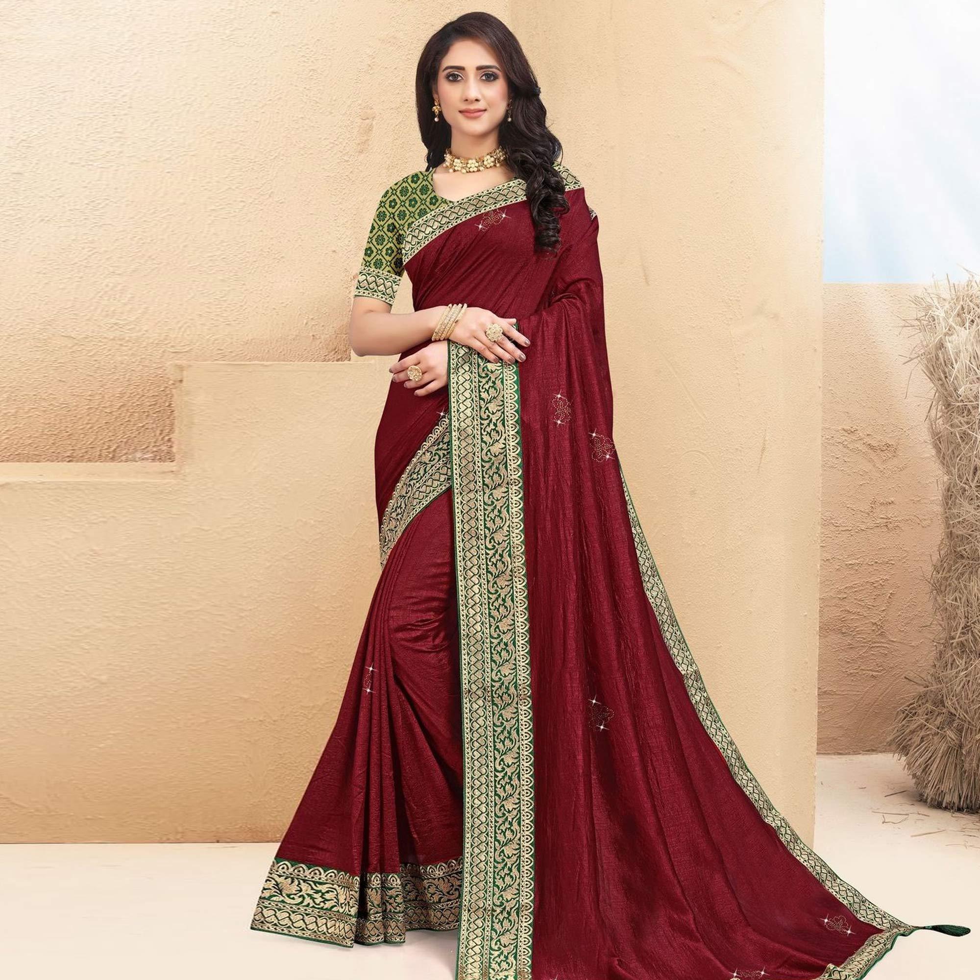 Peachmode Maroon Embellished Vichitra Silk Saree