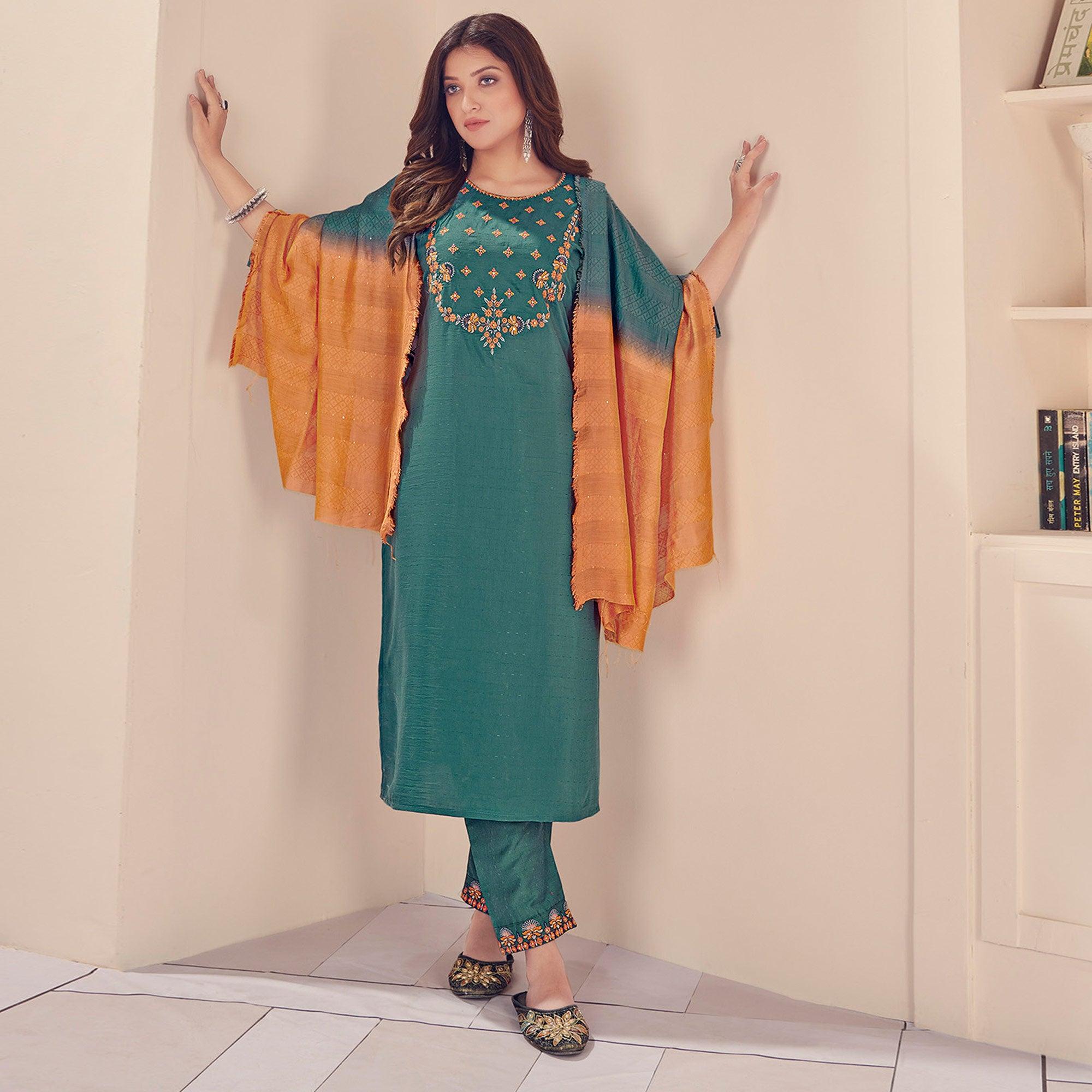 Peachmode Seller Morpich Embroidered With Embellished Chiffon Kurti Pant Set With Dupatta