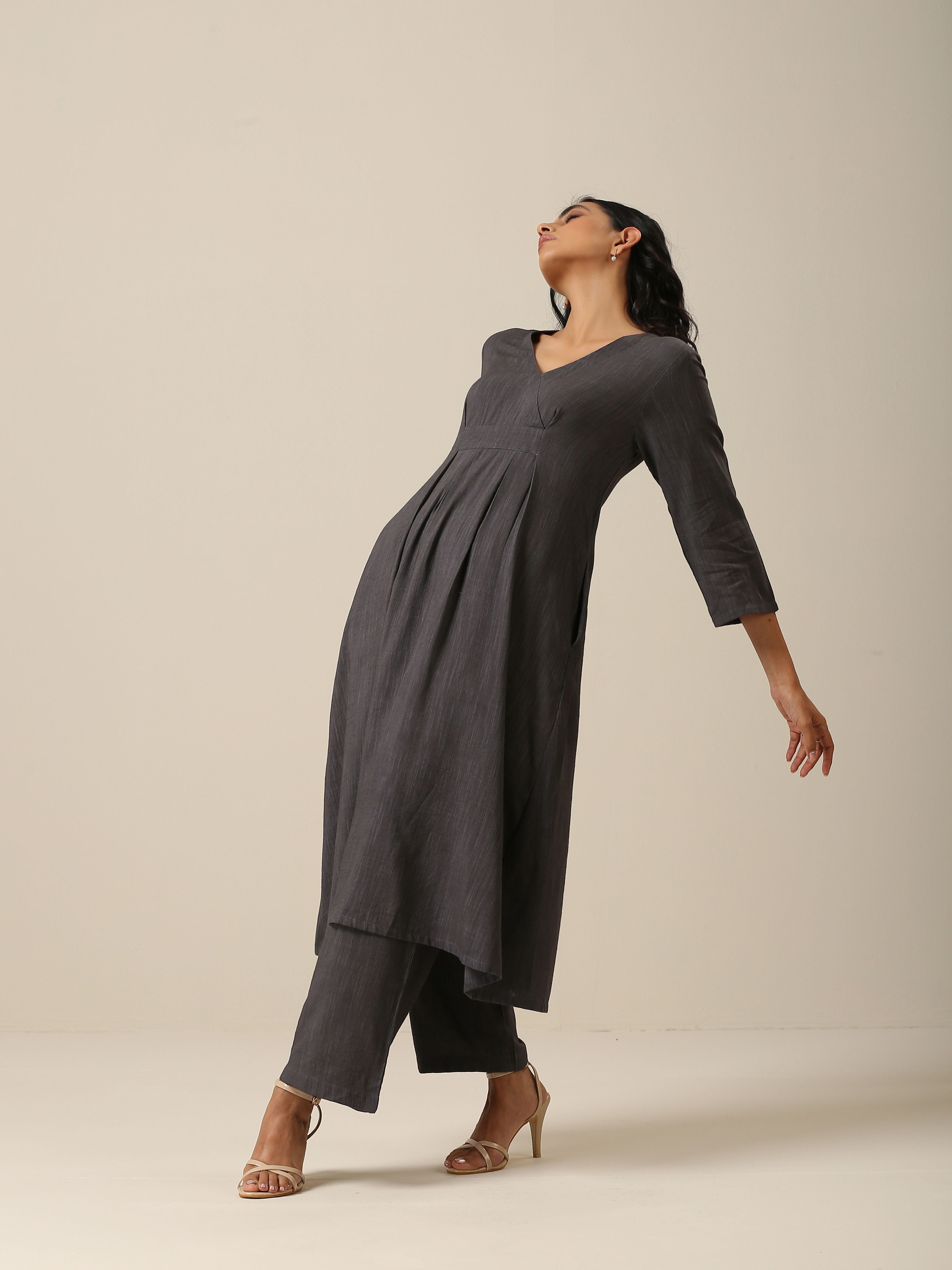 Slate Grey Slub Texture Overlap Pleat Kurta Pant Set | Relove - view 9