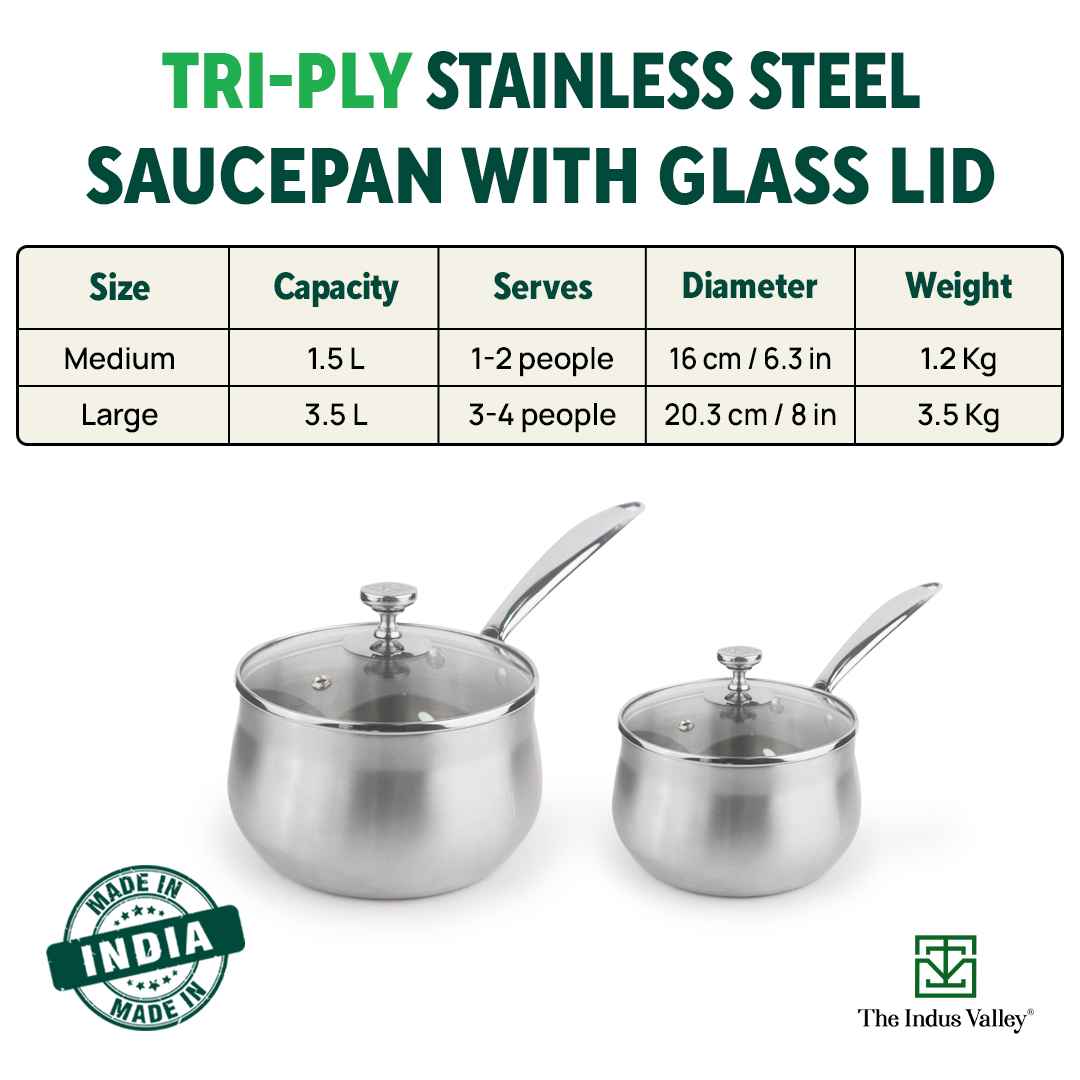 The Indus Valley TurboCuk Tri-ply Stainless Steel Saucepan/ Milk/ Tea Pan+ Glass Lid, Premium Quality, 3 Layer Thick Body, 100% Toxin-free, Non-stick, - view 3