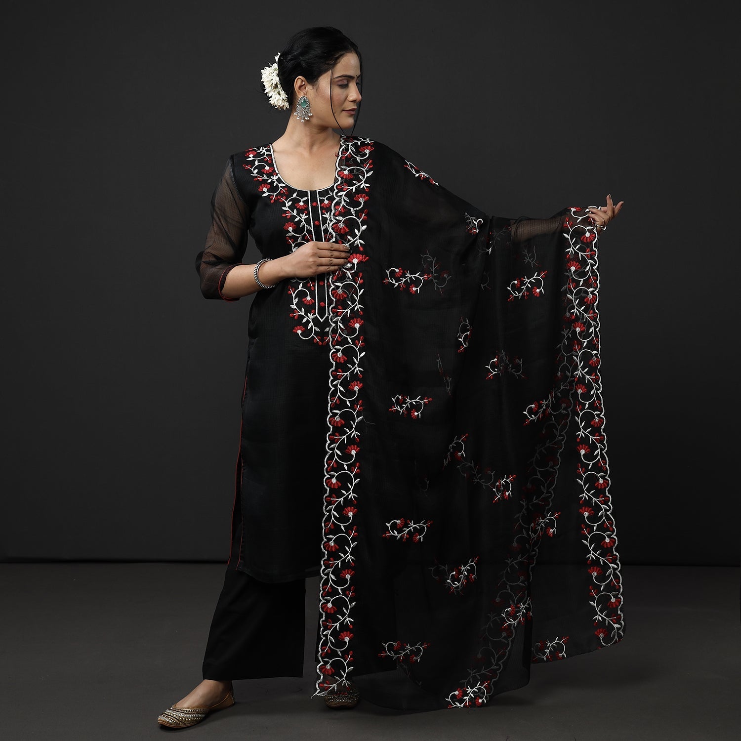 ITOKRI CASUALS Black Kota Doria Embroidery Silk Kurta with Palazzo & Dupatta Set