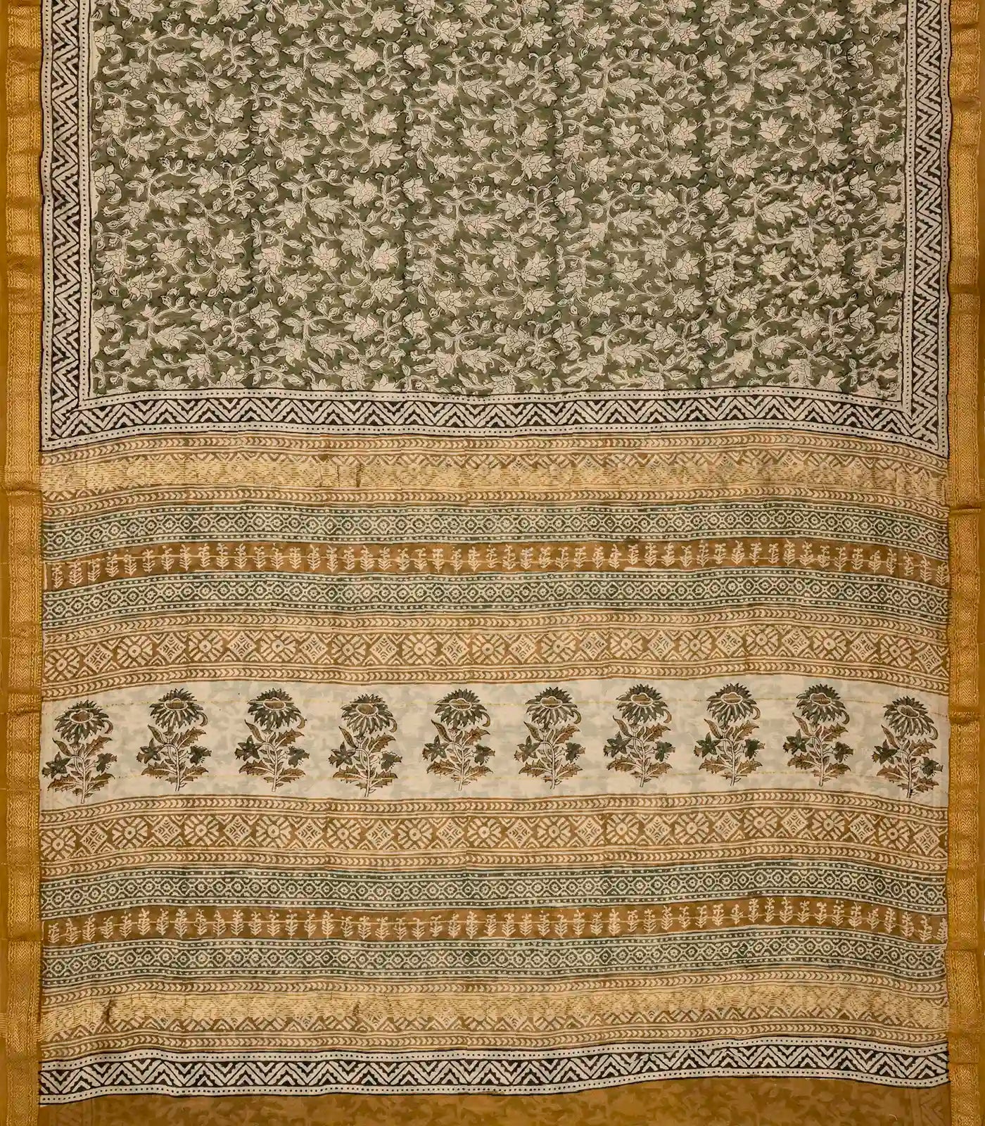 RmKV Green Handloom Chanderi Cotton Saree With Printed Floral Motifs - view 4