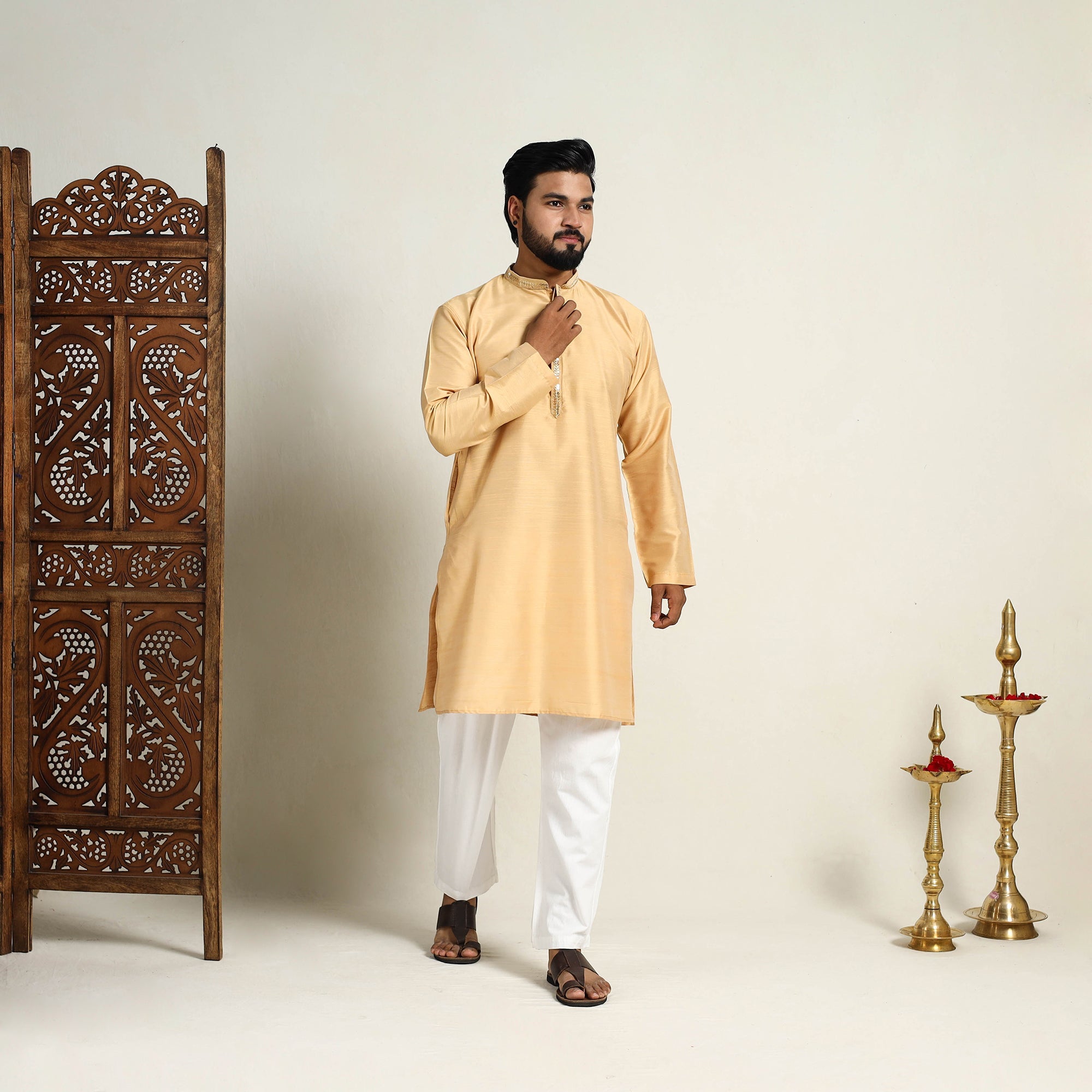ITOKRI CASUALS Beige - Slub Silk Kurta for Men with Detailed Neckline Work 07