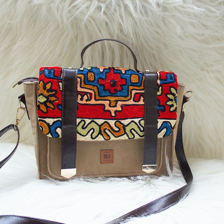 WOCA DESIGNS Brown - Nakashi Hand Embroidery Suede Satchel Sling Bag - view 2