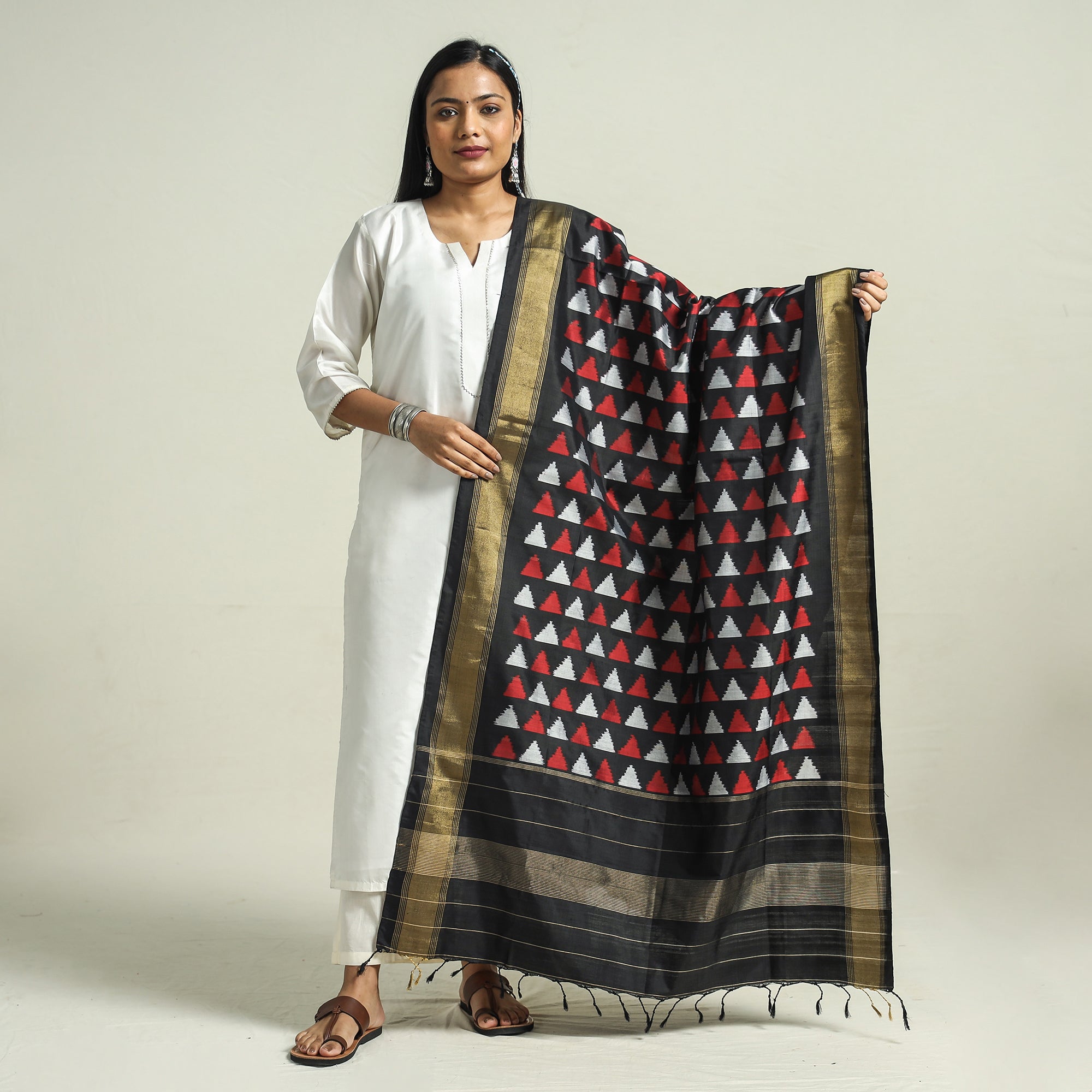 IKAT WEAVES BY EDEM CHANDANA Black - Handwoven Pochampally Ikat Pure Mulberry Silk Dupatta with Tassels