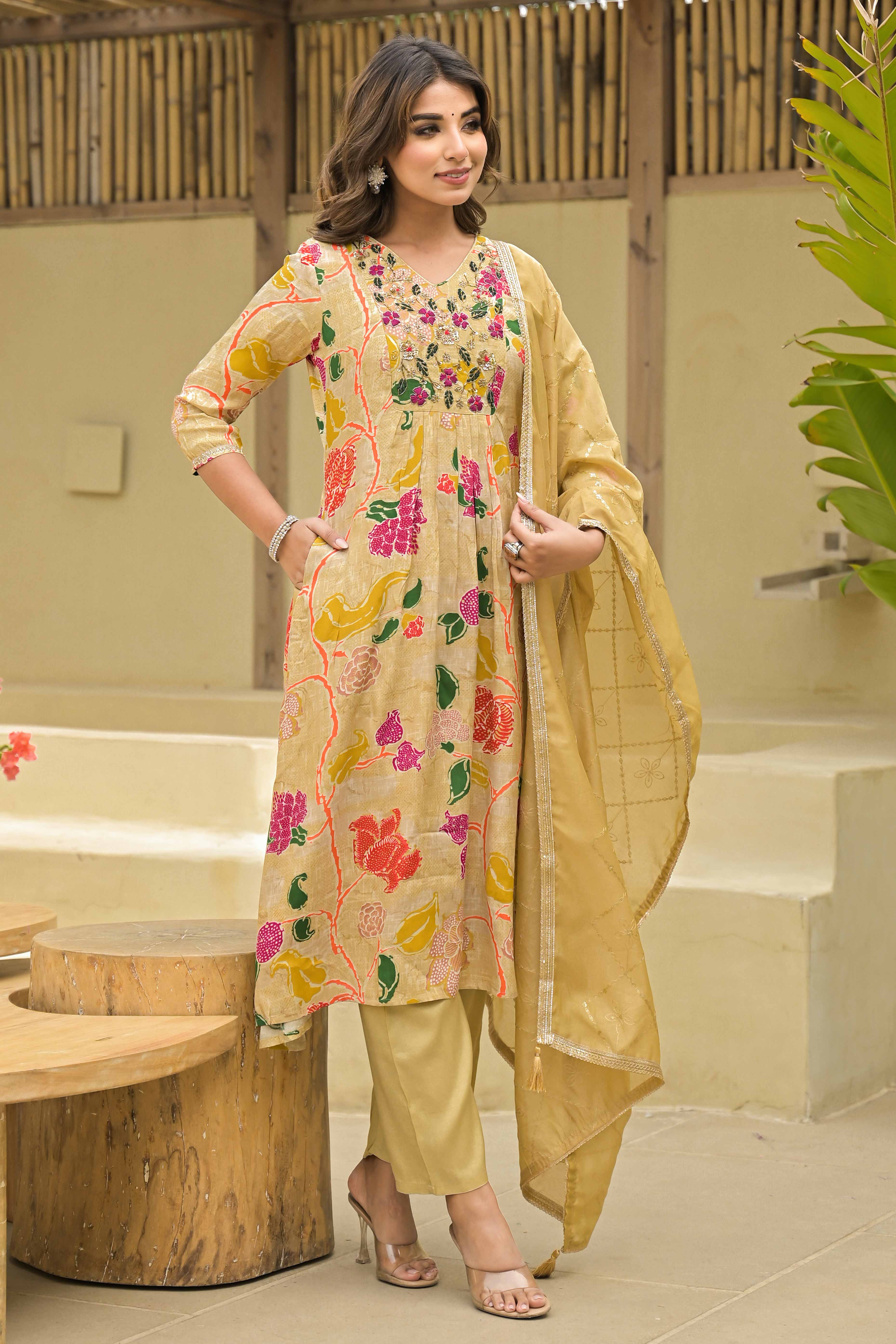 Peachmode Chikoo Floral Printed Muslin Anarkali Style Salwar Suit With Hand Work - view 4