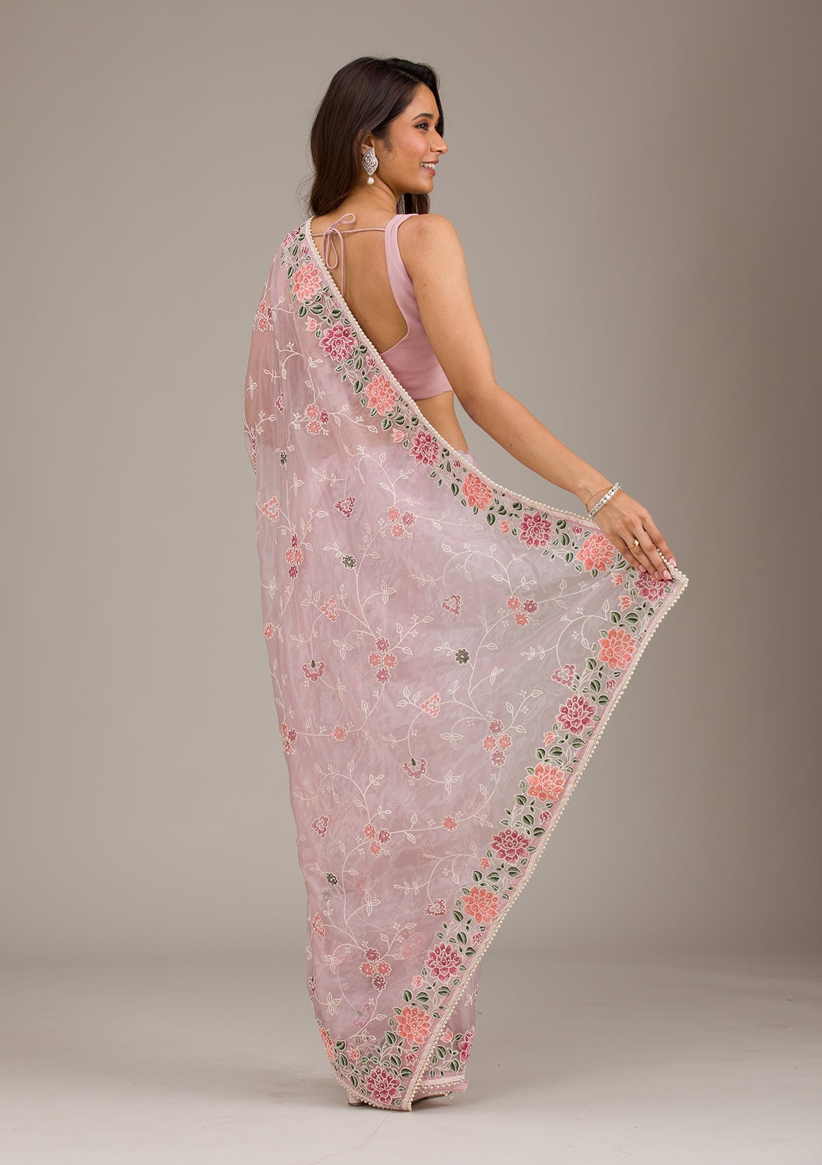 Koskii Onion Pink Threadwork Organza Saree – Women's - view 2