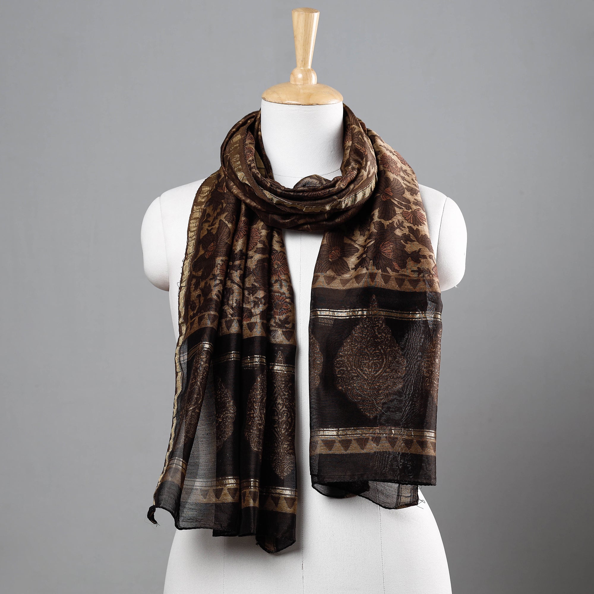 BAGRU DABU PRINTS Brown - Bagru Block Printed Chanderi Silk Handloom Stole with Zari Border