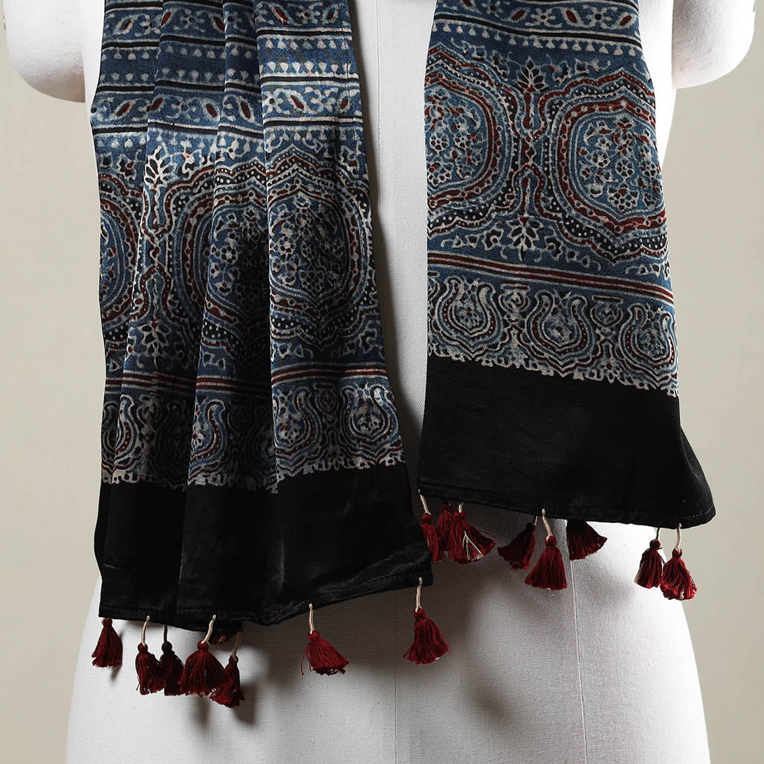 RIYAZ ABDULMAJID KHATRI - AJRAKH Blue - Ajrakh Hand Block Printed Mashru Silk Stole with Tassels - view 3