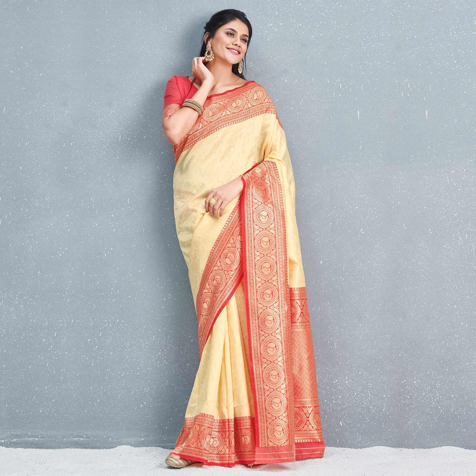Peachmode Flirty Beige Colored Festive Wear Woven Silk Saree
